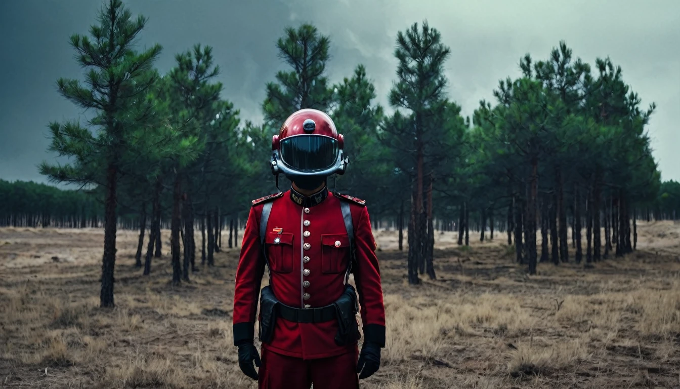 Soldiers in dark red military uniform wearing a futuristic helmet, military post in the middle of the steppe with some pine trees and a little drought, dark atmosphere