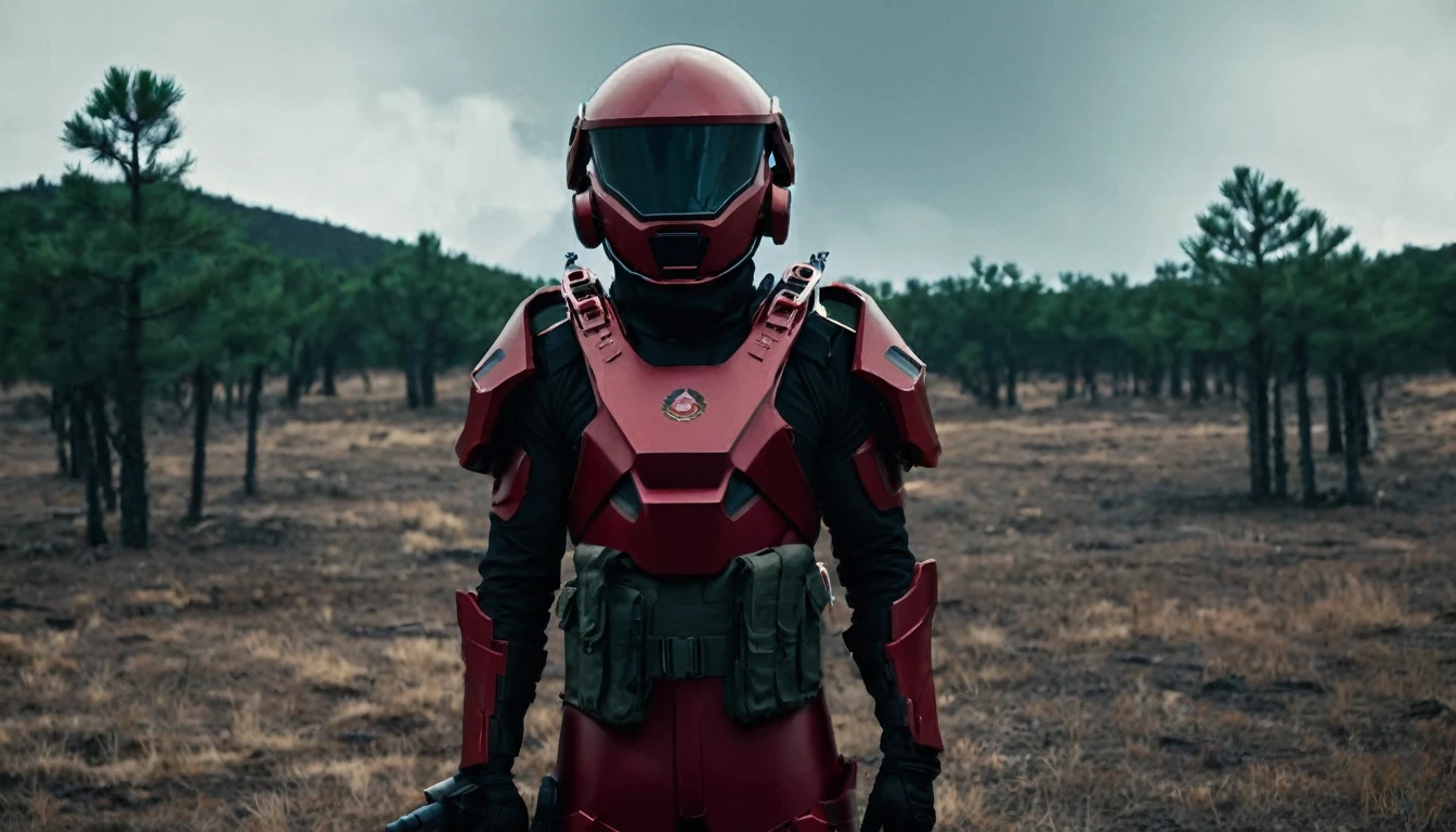 Soldiers in dark red military uniform wearing a futuristic helmet, military post in the middle of the steppe with some pine trees and a little drought, dark atmosphere