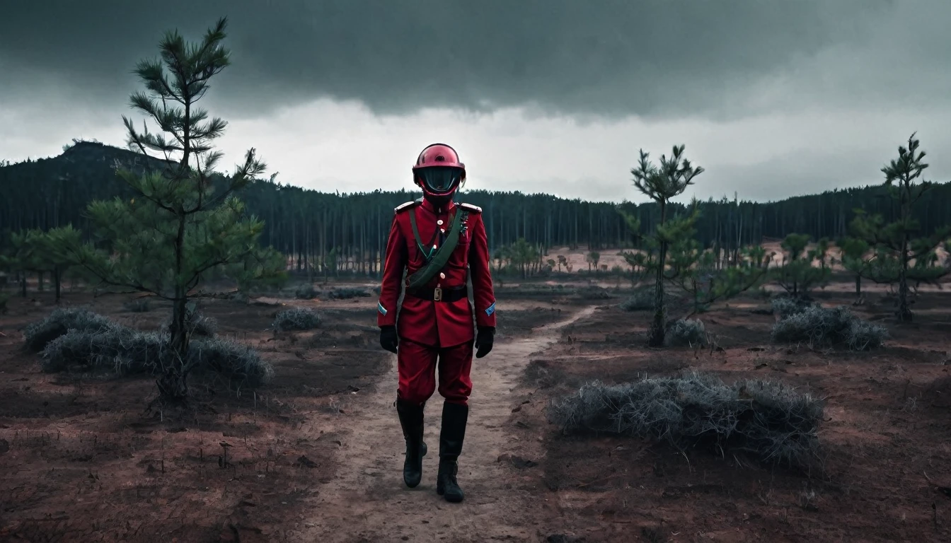 Soldiers in dark red military uniform wearing a futuristic helmet, military post in the middle of the steppe with some pine trees and a little drought, dark atmosphere