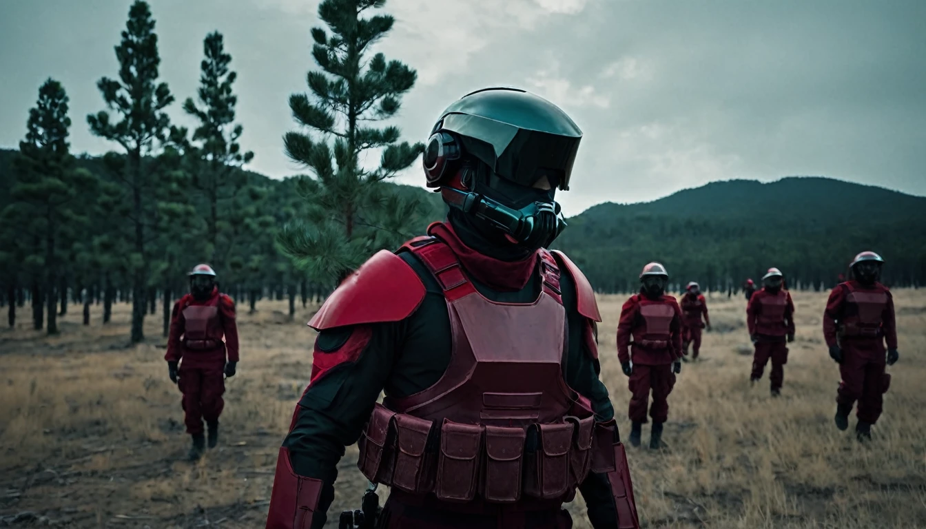 Soldiers in dark red military uniform wearing a futuristic helmet, military post in the middle of the steppe with some pine trees and a little drought, dark atmosphere