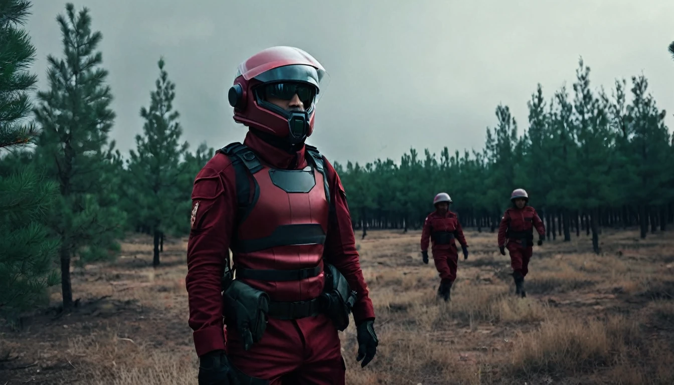 Soldiers in dark red military uniform wearing a futuristic helmet, military post in the middle of the steppe with some pine trees and a little drought, dark atmosphere