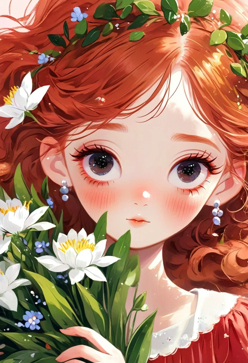 Close-up：A red-haired girl holding flowers, Lovely and detailed digital art, Lovely art style, Popular trends on artstration, Cute digital art, Soft anime illustration, Beautiful digital illustrations, Beautiful anime portrait, Digital Anime Illustration, Kawaii realistic portrait, Beautiful character painting, Realistic cute girl, Beautiful anime art style, Cute anime girl portrait, A beautiful artistic illustration