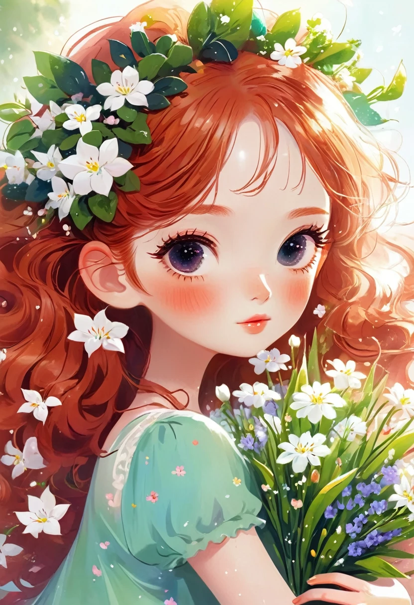 Close-up：A red-haired girl holding flowers, Lovely and detailed digital art, Lovely art style, Popular trends on artstration, Cute digital art, Soft anime illustration, Beautiful digital illustrations, Beautiful anime portrait, Digital Anime Illustration, Kawaii realistic portrait, Beautiful character painting, Realistic cute girl, Beautiful anime art style, Cute anime girl portrait, A beautiful artistic illustration