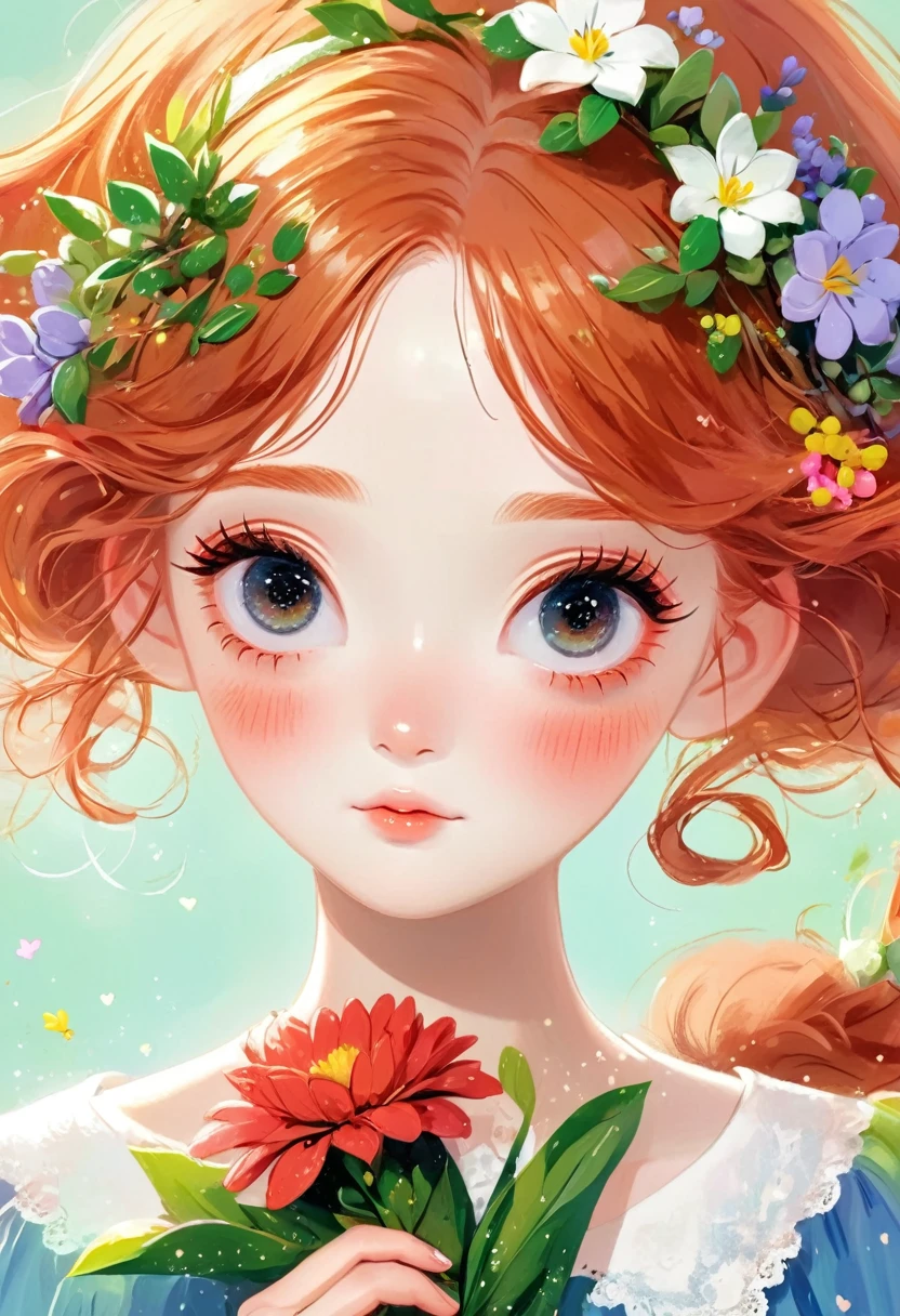 Close-up:A red-haired girl holding flowers, Lovely and detailed digital art, Lovely art style, Popular trends on artstration, Cute digital art, Soft anime illustration, Beautiful digital illustrations, Beautiful anime portrait, Digital Anime Illustration, Kawaii realistic portrait, Beautiful character painting, Realistic cute girl, Beautiful anime art style, Cute anime girl portrait, A beautiful artistic illustration