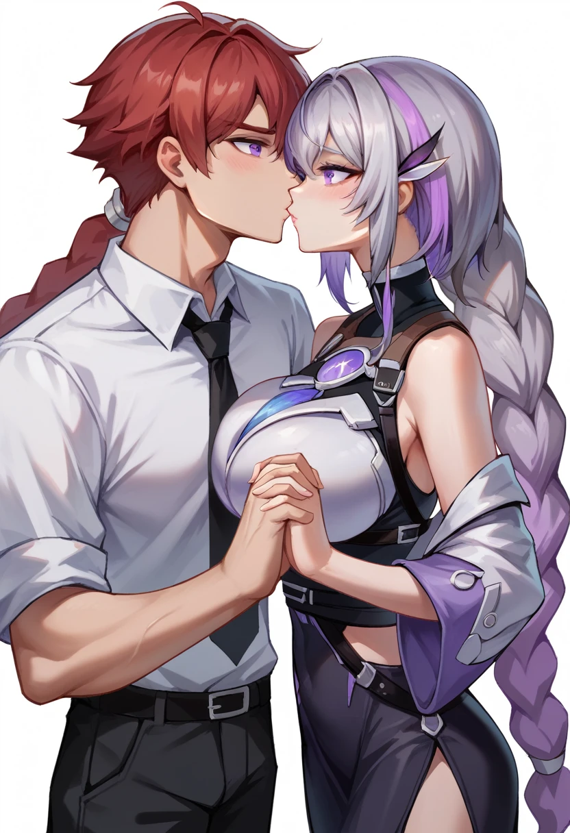 yinji,1 girl and one boy，Holding Hands,purple_hair,purple_Eye,Very_long_hair,grey_hair,Braided_Ponytail,Large target_breast, Red hair boy，Wearing a white shirt，Very handsome red hair boy，With purple hairHolding Hands，kis Boy and girl kissing big breast grabbing breast,slope_hair, The background is dreamy