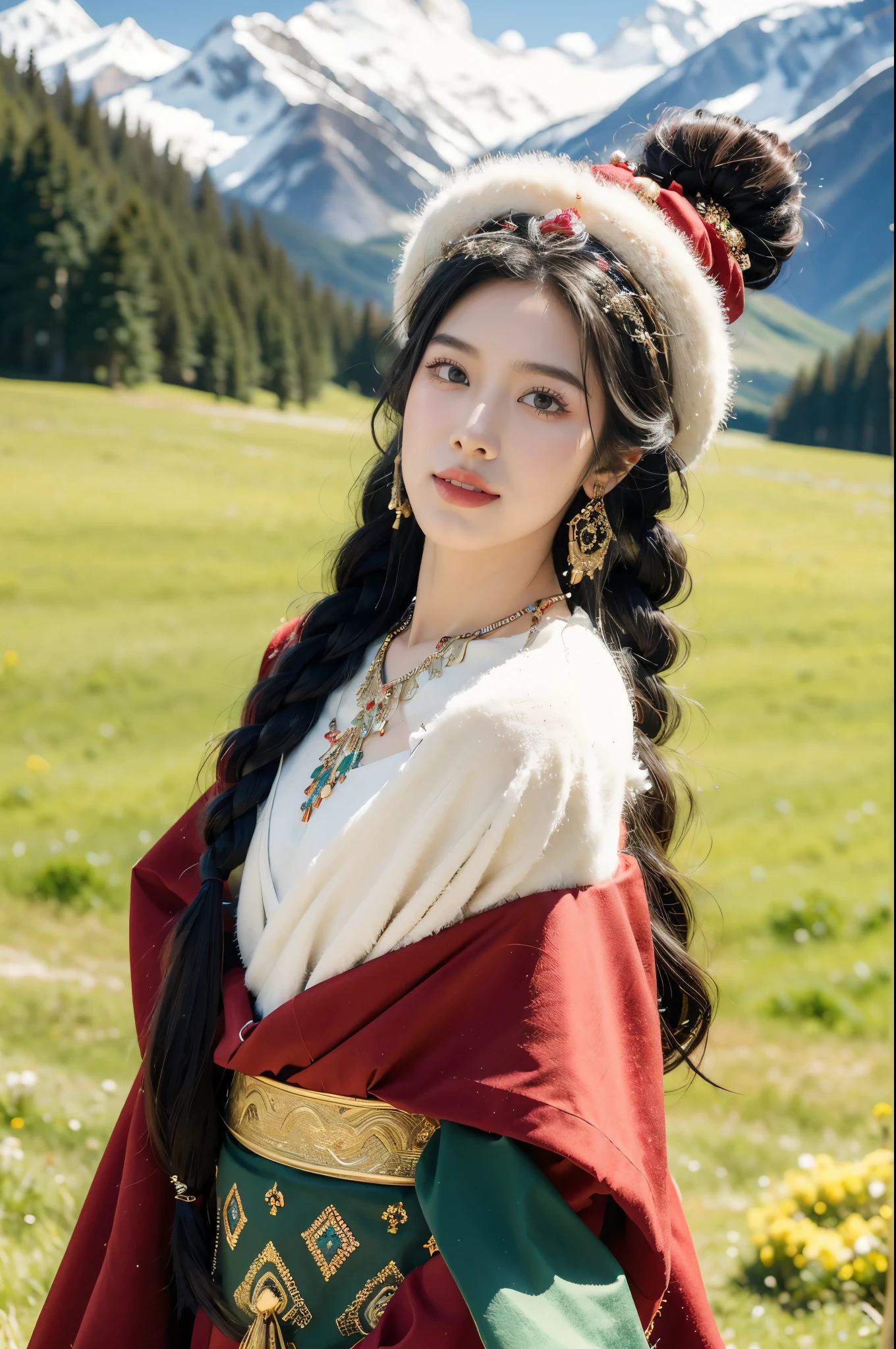 (((best quality))),(((ultra detailed))),(((masterpiece))),illustration,a beautiful Tibetan girl,solo,slim,earrings,necklace,flat chest,Plush hat,parted red lips,snow-capped plateau,magnificent red traditional outfit,radiant smile,Standing by the roadside,vast verdant grasslands,majestic snow-capped peaks,striking appearance,dark almond-shaped eyes,sparkling with joy,long flowing black hair,intricate braids,colorful beads,jewelries,intricately woven ribbons,red rob embroidered with golden threads,Tibetan culture,lush green grasslands,serene ambiance,sheep and yaks grazing,crisp air,invigorating scent of the highland,beauty and resilience,pure bliss,upper body