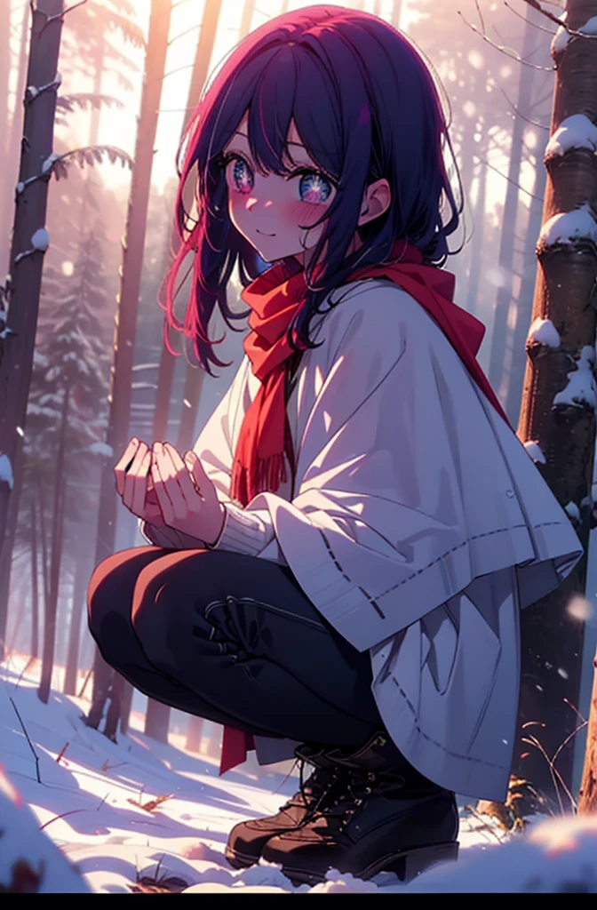 aihoshino, Ai Hoshino, Long Hair, bangs, (Purple eyes:1.1), Purple Hair, (Symbol-shaped pupil:1.5), smile,,smile,blush,White Breath,
Open your mouth,snow,Ground bonfire, Outdoor, boots, snowing, From the side, wood, suitcase, Cape, Blurred, , forest, White handbag, nature, Squat, Mouth closed, Cape, winter, Written boundary depth, Black shoes, red Cape break looking at viewer, Upper Body, whole body, break Outdoor, forest, nature, break (masterpiece:1.2), Highest quality, High resolution, unity 8k wallpaper, (shape:0.8), (Beautiful and beautiful eyes:1.6), Highly detailed face, Perfect lighting, Extremely detailed CG, (Perfect hands, Perfect Anatomy),