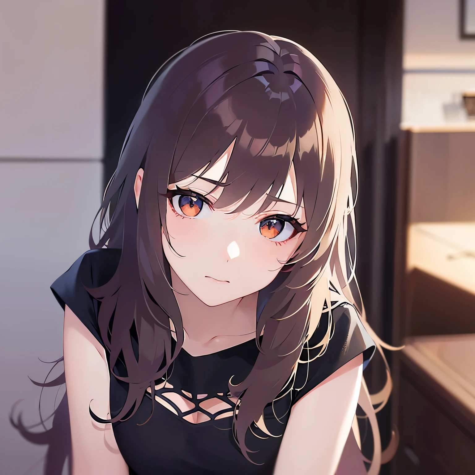 (Placing hand on cheek:1.3), looking up, Shooting from above、Realistic, real person, (pale skin: 1.2), upper body, RAW photo, photorealistic, shiny skin, shiny hair、(A 25-year-old woman with medium-length hair and bangs) and (wavy hair) and (brown hair) and (Orange Eyes) , (Black T-shirt) 、(bashful:1.5), confused, The background is the living room、Alone、Are standing