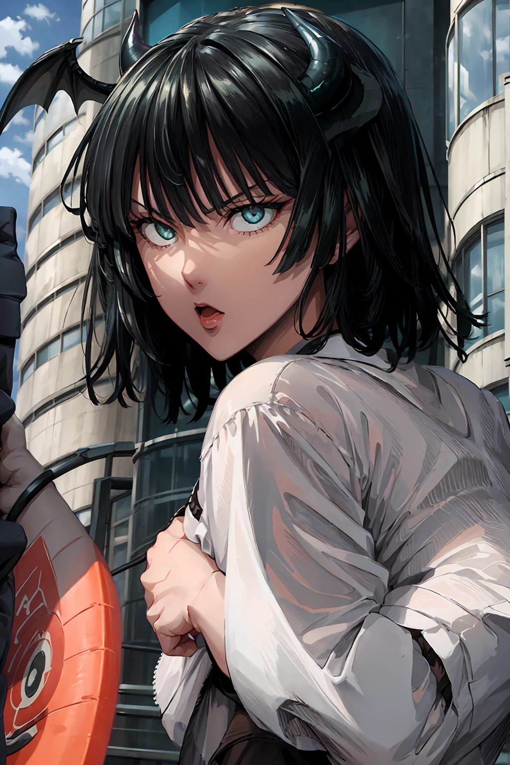 Fubuki, evil nun, demon horn, Demon wings on the head ,(((( wearing black underwear))), Your hands preparing a sphere of energy, His powerful magic hits the buildings of a city , Context of the Satanic Church, detailed eyes