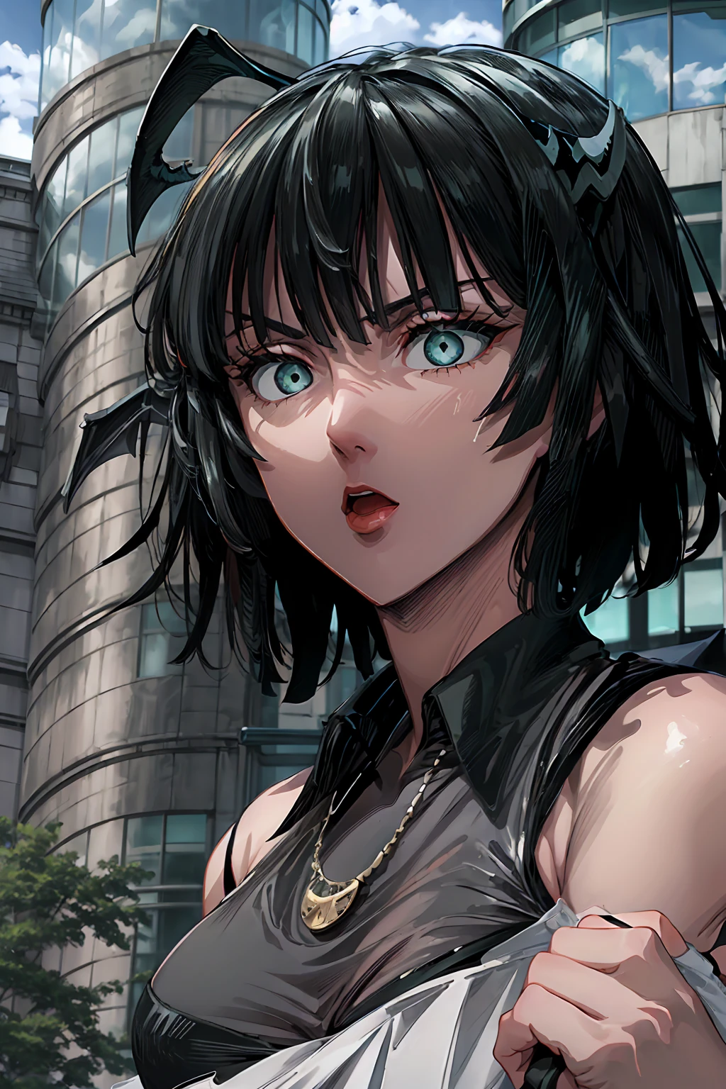 Fubuki, evil nun, demon horn, Demon wings on the head ,(((( wearing black underwear))), Your hands preparing a sphere of energy, His powerful magic hits the buildings of a city , Context of the Satanic Church, detailed eyes