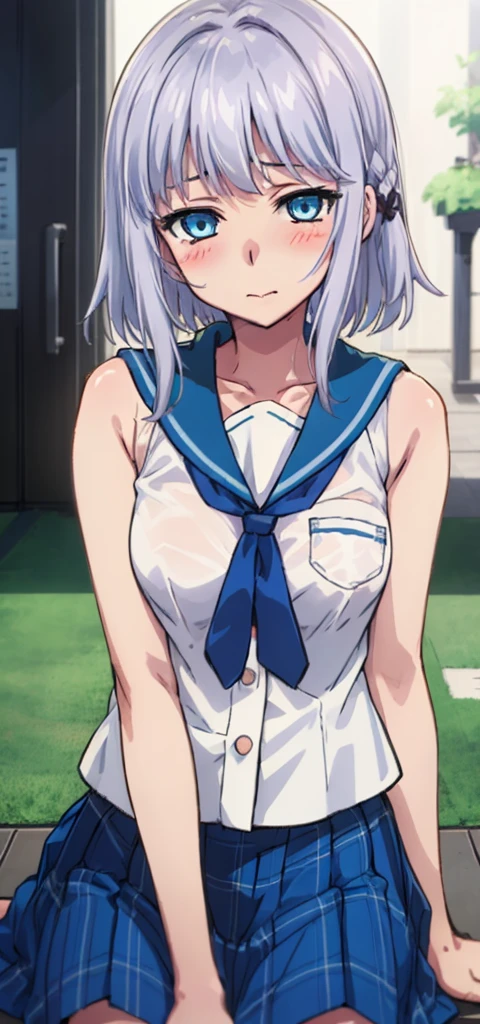 1 girl, kanon kanase, blush, medium breasts, sleeveless,((( school uniform))), 20-year-old, healthy skin, closed mouth, (indoors), detailed eyes. Sitting.