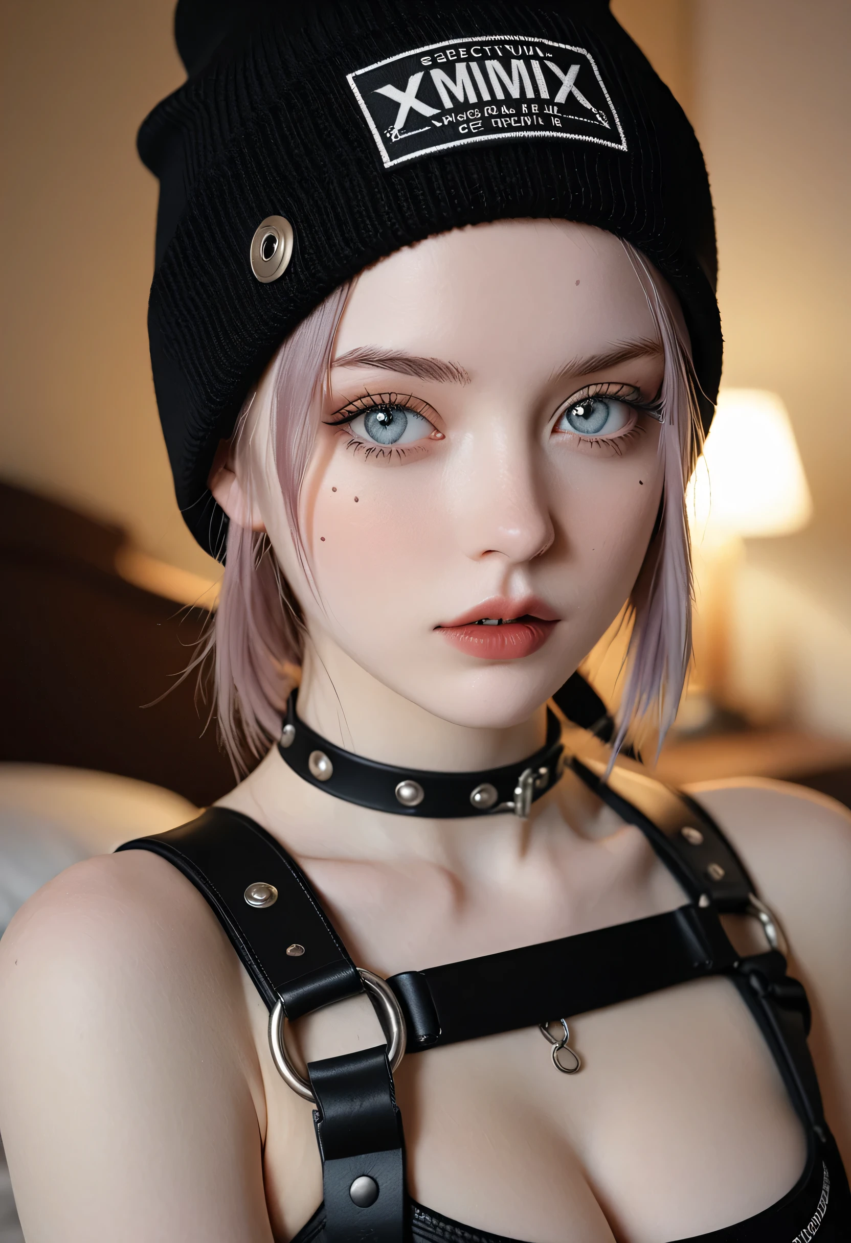 xxmixgirl,radical, Analog Style, Eye focus, Highest quality, (Very detailed skin), Exquisitely beautiful pale skin punk Dutch girl photo, 21 years old, (wear a harness, and Beanie), Perfect Face, Captivating eyes, [Seductive makeup], Skin pores, (Earrings:0.5), indoor, Messy bedroom, (Bokeh:0.6), Sharp focus, Dappled Lighting, (Backlight:0.7), Film Grain, Shot with Sony A7R IV, 18mm F/1.7 Cine Lenses, (Very detailed, Exquisitely crafted), 8k, High resolution, Seductive pose, Front view, (Upper Body:0.9), (Big Breasts), 