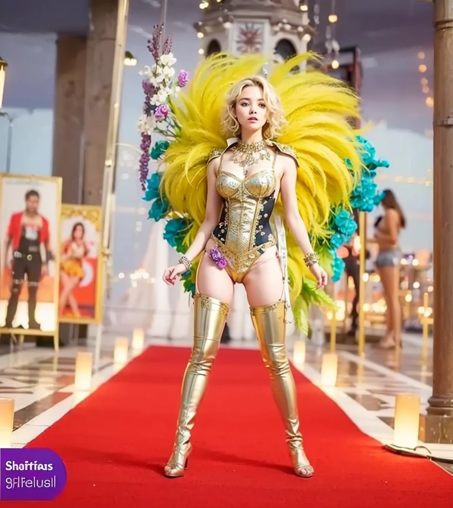 Cute 18 year old girl, Carnival Woman suit, short curly hair, blonde hair, beautiful face, rain, roof, masterpiece, exquisite details, perfect anatomy, fighting stance realistic