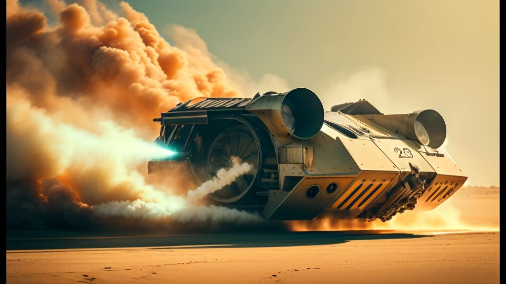 有一辆大型车辆正exist穿越沙漠, exist《Dune-2021》In the arena, Dribbling, The spaceship exploded, 超现实主义的photo, Mechanical damage, Mechanical owl, 21:9, locomotive, Deformation, Engine combustion, Explosion into dust, Bromine red shift, Kit, believe, photo, author:mads berg