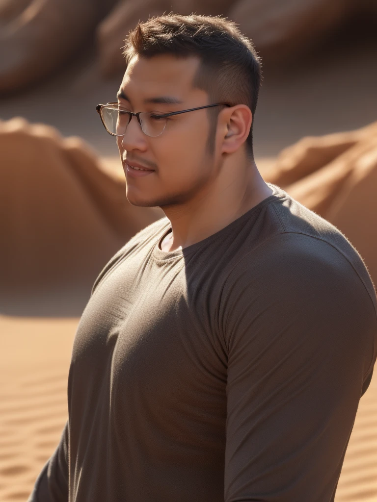 An award-winning original photo，a handsome 38-year-old man, crew cut, (((full body))), (((landscape))), mature man, [slightly fat], asian man, brown eyes, rounded face, glasses, slightly balding, 1boy, Solo, (big shoulders), (((stubbles, Short beard))), (((full beard))), (Beautiful eyes:1.3), (Detailed face:1.3), wearing glasses, Dynamic Angle, volumetric lighting, (Best quality, A high resolution, Photorealistic), Cinematic lighting, Masterpiece, RAW photo, Intricate details, (extremely detailed 8k wallpaper), masterpiece 16k photo, (8k, RAW photo, best quality, masterpiece: 1.2), (realistic, photorealistic: 1.37), Realistic, ((Masterpiece)), ((Best quality)), (Detailed), Cinematic, Dynamic lighting, soft shade, Detailed background, Professional photography, Depth of field, Intricate, Detailed face, Subsurface scattering, photo-realistic hair, Realistic eyes, Muscular, Manly, buzz cut，Handsome photo (Latino men), Mecha 4RMOR, Wear mechanical Hanfu, Glowing, Dynamic pose, Desert background，Stubble, Pants,