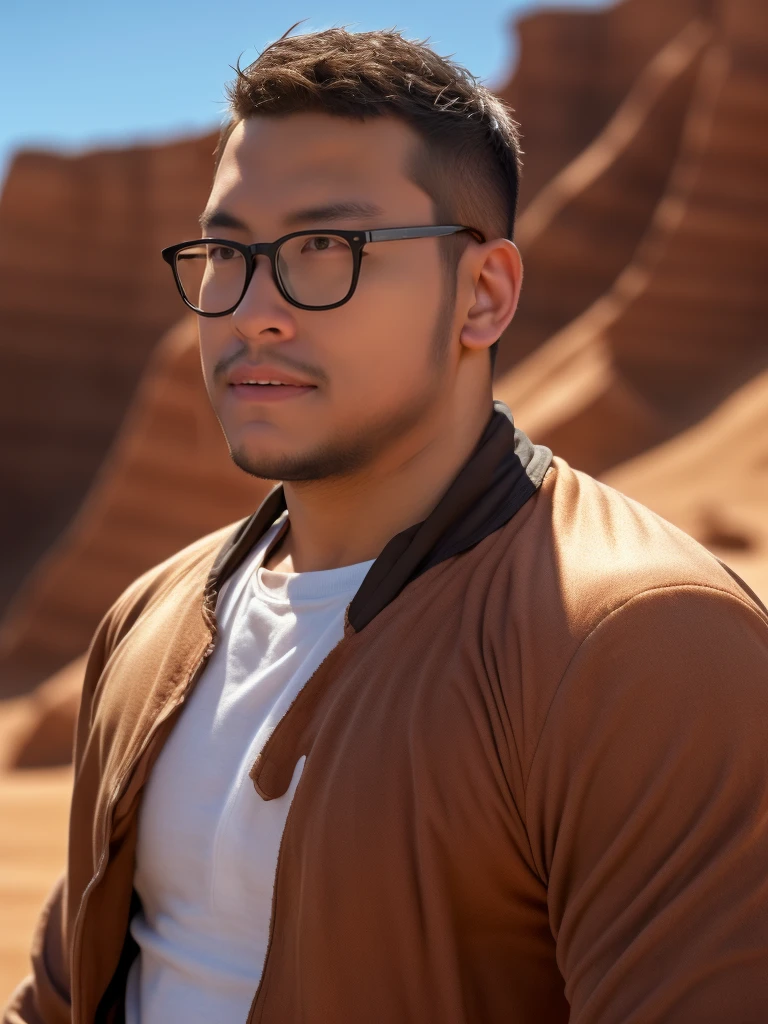An award-winning original photo，a handsome 38-year-old man, crew cut, (((full body))), (((landscape))), mature man, [slightly fat], asian man, brown eyes, rounded face, glasses, slightly balding, 1boy, Solo, (big shoulders), (((stubbles, Short beard))), (((full beard))), (Beautiful eyes:1.3), (Detailed face:1.3), wearing glasses, Dynamic Angle, volumetric lighting, (Best quality, A high resolution, Photorealistic), Cinematic lighting, Masterpiece, RAW photo, Intricate details, (extremely detailed 8k wallpaper), masterpiece 16k photo, (8k, RAW photo, best quality, masterpiece: 1.2), (realistic, photorealistic: 1.37), Realistic, ((Masterpiece)), ((Best quality)), (Detailed), Cinematic, Dynamic lighting, soft shade, Detailed background, Professional photography, Depth of field, Intricate, Detailed face, Subsurface scattering, photo-realistic hair, Realistic eyes, Muscular, Manly, buzz cut，Handsome photo (Latino men), Mecha 4RMOR, Wear mechanical Hanfu, Glowing, Dynamic pose, Desert background，Stubble, Pants,