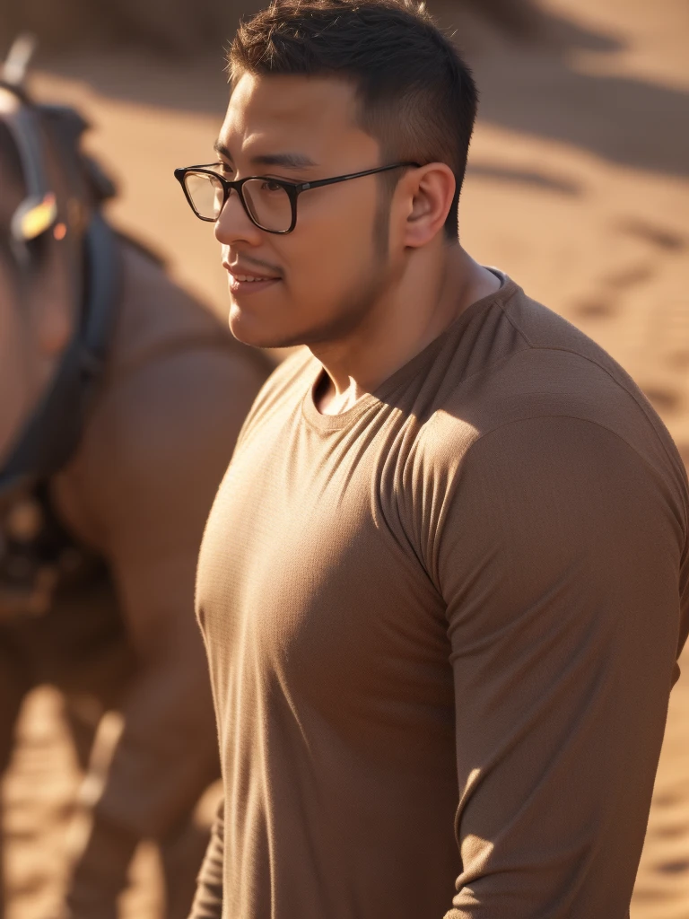 An award-winning original photo，a handsome 38-year-old man, crew cut, (((full body))), (((landscape))), mature man, [slightly fat], asian man, brown eyes, rounded face, glasses, slightly balding, 1boy, Solo, (big shoulders), (((stubbles, Short beard))), (((full beard))), (Beautiful eyes:1.3), (Detailed face:1.3), wearing glasses, Dynamic Angle, volumetric lighting, (Best quality, A high resolution, Photorealistic), Cinematic lighting, Masterpiece, RAW photo, Intricate details, (extremely detailed 8k wallpaper), masterpiece 16k photo, (8k, RAW photo, best quality, masterpiece: 1.2), (realistic, photorealistic: 1.37), Realistic, ((Masterpiece)), ((Best quality)), (Detailed), Cinematic, Dynamic lighting, soft shade, Detailed background, Professional photography, Depth of field, Intricate, Detailed face, Subsurface scattering, photo-realistic hair, Realistic eyes, Muscular, Manly, buzz cut，Handsome photo (Latino men), Mecha 4RMOR, Wear mechanical Hanfu, Glowing, Dynamic pose, Desert background，Stubble, Pants,