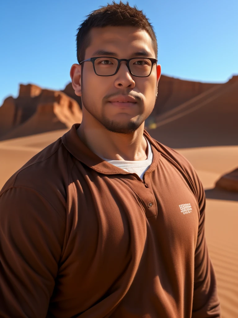An award-winning original photo，a handsome 38-year-old man, crew cut, (((full body))), (((landscape))), mature man, [slightly fat], asian man, brown eyes, rounded face, glasses, slightly balding, 1boy, Solo, (big shoulders), (((stubbles, Short beard))), (((full beard))), (Beautiful eyes:1.3), (Detailed face:1.3), wearing glasses, Dynamic Angle, volumetric lighting, (Best quality, A high resolution, Photorealistic), Cinematic lighting, Masterpiece, RAW photo, Intricate details, (extremely detailed 8k wallpaper), masterpiece 16k photo, (8k, RAW photo, best quality, masterpiece: 1.2), (realistic, photorealistic: 1.37), Realistic, ((Masterpiece)), ((Best quality)), (Detailed), Cinematic, Dynamic lighting, soft shade, Detailed background, Professional photography, Depth of field, Intricate, Detailed face, Subsurface scattering, photo-realistic hair, Realistic eyes, Muscular, Manly, buzz cut，Handsome photo (Latino men), Mecha 4RMOR, Wear mechanical Hanfu, Glowing, Dynamic pose, Desert background，Stubble, Pants,