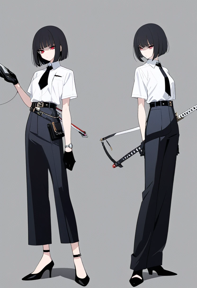 One woman,Dynamic,whole body,Are standing,mysterious,Concept Art,Character Design,Jet black straight hair,The bangs are trimmed to accentuate the eyes.,Well-proportioned face,Sharp Eyes,White shirt,Black tie,Black slacks,Silver cufflinks on the left hand,On the ring finger of her right hand she wears a simple silver ring.。Luxury watches,Black leather shoes,beltでウエストラインを強調,Stylish,Red eyes,belt,Stylish,Simple background gray,Details,Okabo Hair,Half-open eyes,Cool appearance,,Black gloves,Short Hair,Narrow eyes,Accentuated body lines,Has a sword on his waist,