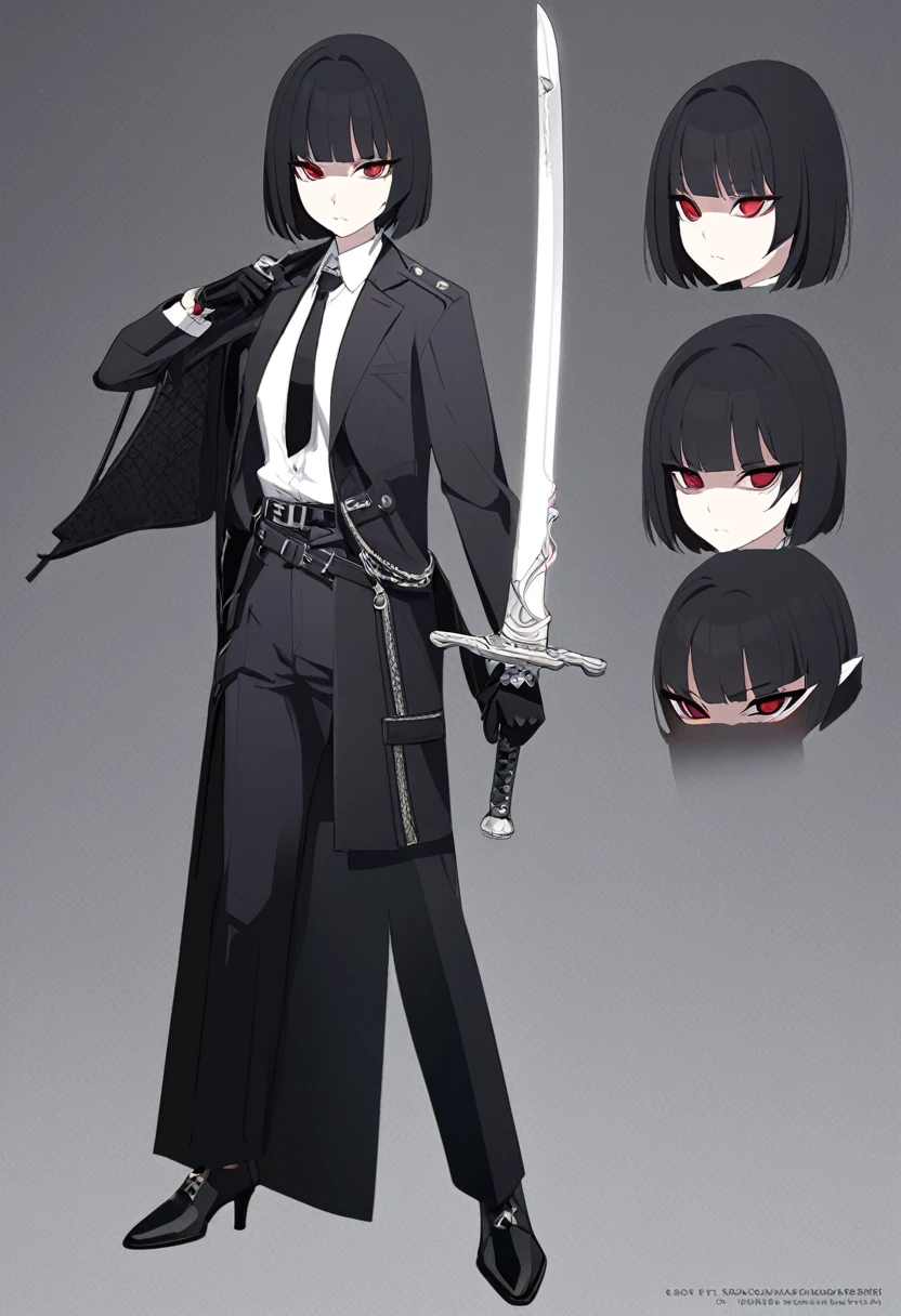 One woman,Dynamic,whole body,Are standing,mysterious,Concept Art,Character Design,Jet black straight hair,The bangs are trimmed to accentuate the eyes.,Well-proportioned face,Sharp Eyes,White shirt,Black tie,Black slacks,Silver cufflinks on the left hand,On the ring finger of her right hand she wears a simple silver ring.。Luxury watches,Black leather shoes,beltでウエストラインを強調,Stylish,Red eyes,belt,Stylish,Simple background gray,Details,Okabo Hair,Half-open eyes,Cool appearance,,Black gloves,Short Hair,Narrow eyes,Accentuated body lines,Has a sword on his waist,