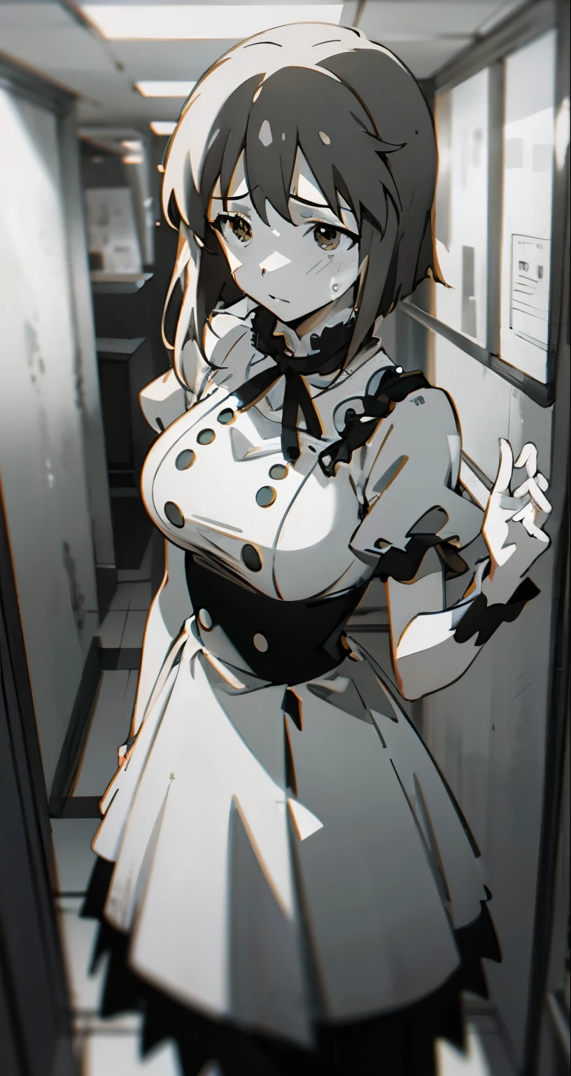 { masterpiece : best quality : high resolution : unity 8k wallpaper : illustration : beautiful detailed eyes : extremely detailed face : perfect lighting : extremely detailed CG : perfect hands : perfect anatomy }{ low lighting filter : monochrome horror colour : dark lighting : hallway } { Yukiho Hagiwara : perfectly shape breast : perfectly adult fit body : white one piece dress : scared : sweating }