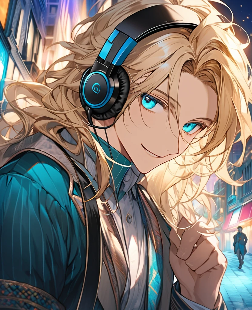 (Blonde_hair),(long_male_hair), (cyan_vibrant_eyes), (detailed_eyes), (warm_smile), (attractive), (background_colorful_night_city), (male), (detailed_Hair), (detailed), (wears_old_fashioned_outfit), (uses_headphones),