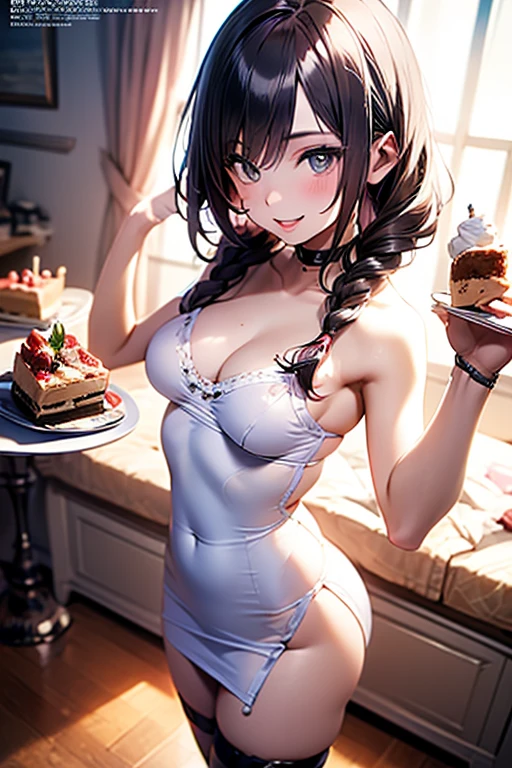 (small breasts:1.2), (perky chest:1.2), (pointed chest:1.2), (Pudding cake magazine cover:1.3),(from above:1.0),(shoot from the side:1.1),masterpiece, 1girl, Amazing Cleavage:1.1, thin waist, optimum,tmasterpiece,hight resolution,best qualtiy,hyper HD,super detailing,awardwinning,a 18yo cute girl,(The upper part of the body),anatomy correct,Beautiful Black miniskirt,garters,Gaze,Small face,bangss,holster,Beautuful Women,hands up,leg holster,Gaze,black boots,Cowboy Shot,cute face,a blond,Longhaire,Twin-tailed,Braids, Hairline,(scarlet eyes),long eyelasher,Hanging eye corners,White skin of the, ((see through camisole:1.1)), ((Sheer nipples:1.0)),Rocket Tits,(Slim body),smile,seductive weak smiling,(with sparkling eyes and a contagious smile),little open mouth, Looking at Viewer,