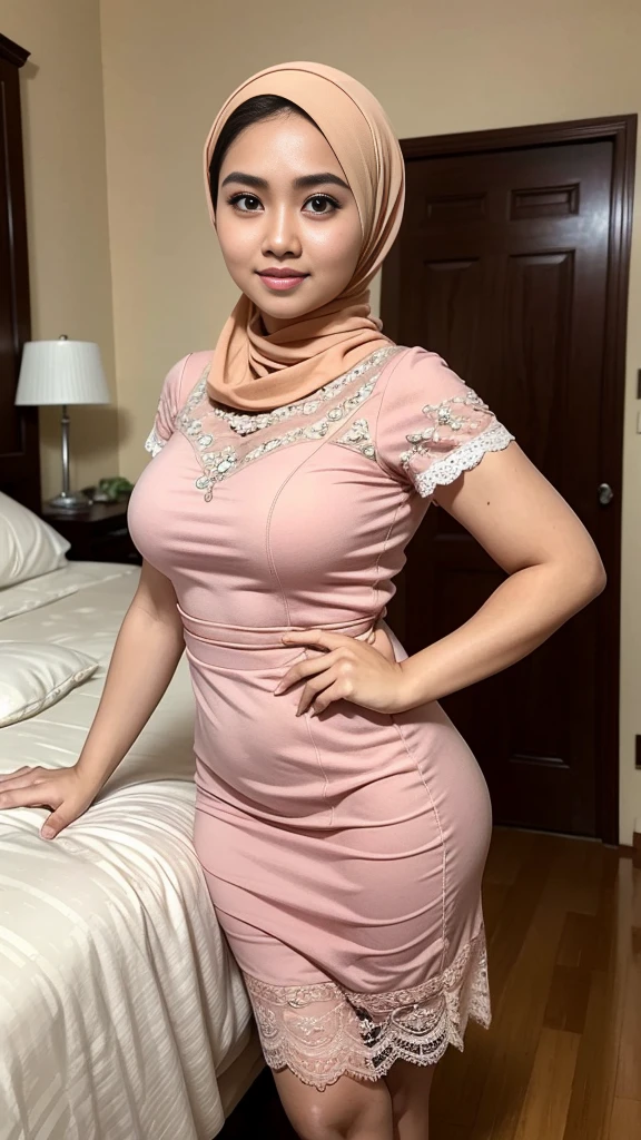 RAW, Best quality, high resolution, masterpiece: 1.3), beautiful Malay woman in hijab, Masterpiece, perfect fit body, big breasts, beautiful big eyes, open stand, Soft smile, thick thighs, woman standing in the bedroom in pink lace dress:1.1) , she is about 2 0 years old, she is about 20 years old, pale skin Malay girl, smooth brown skin, beautiful woman, wearing a light brown dress, beautiful Malay woman, she is about 2 , she about 30 years old, he is about 3 0 years old
