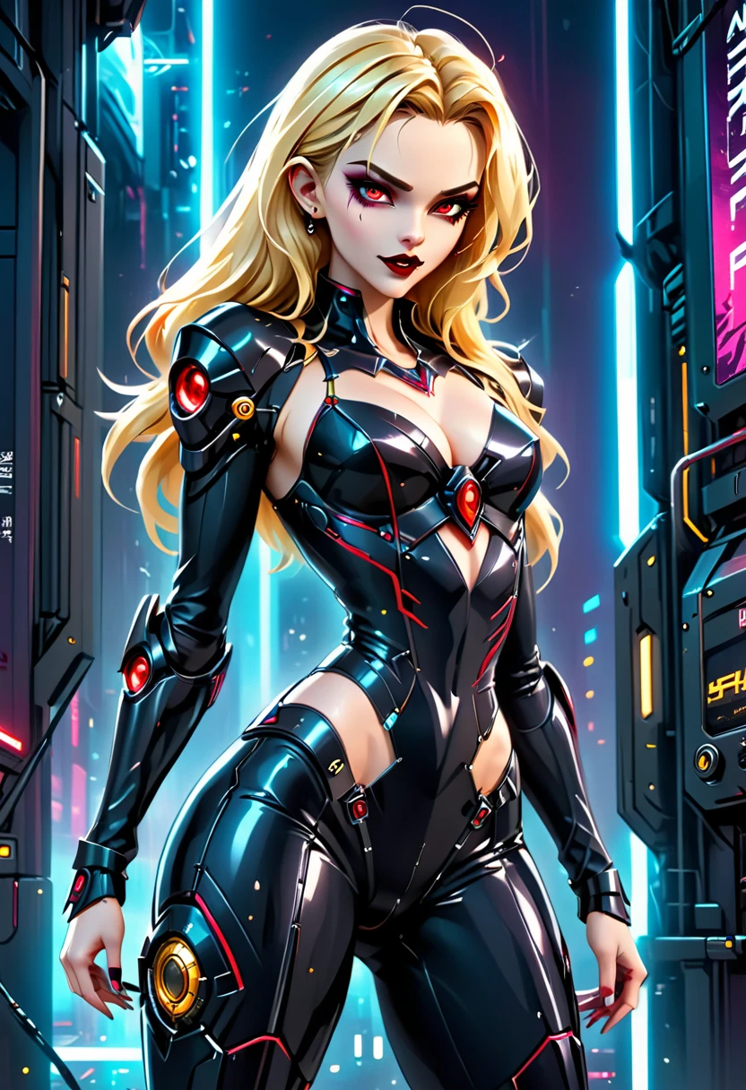 ((a photorealistic glamour shot of an exquisite, glamour mecha female vampire: 1.5)), ((full body: 1.3)), ultra feminine, pale face, golden hair, long vibrant shiny hair, glamorous hair,  red eyes, miniatures mechanical , deep penetrating eyes, red lips, lustful lips, ((two visible vampiric fangs: 1.5), drops of blood dripping from the mouth, ((cyberpunk style: 1.5)), she wears (white elegant glamour dress, with small delicate mechanical parts: 1.4), digital parts,  intricate details, the dress is studded with diamonds, tight suit, dynamic color, high heels, cyberpunk street at night background, (highest quality:1.2, Very detailed, up to date, Vibrant, Ultra-high resolution, High Contrast, masterpiece:1.2, highest quality, Best aesthetics), best details, best quality, highres, ultra wide angle, 16k, [ultra detailed], masterpiece, best quality, (extremely detailed), Genetically modified..., Cinematic Hollywood Film, nijimecha, aetherpunkai