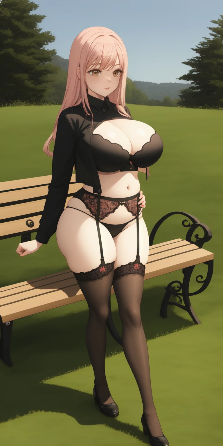 Anime girl, 3D art, standing (stand), 1 girl (solo), hourglass figure, big size  (big size ), looking at viewer, shy face, blush face, long hair, pink hair, red eyes, park (trees, grass, bench), wearing a black lace , wearing a black lace , wearing a usual black tights, wearing a usual black garter belt, ultra resolution, high detailed, a Head with good , a body with good , a hands with good , a legs with good , well drawn navel, open navel (visible navel), full body view, visible legs, 