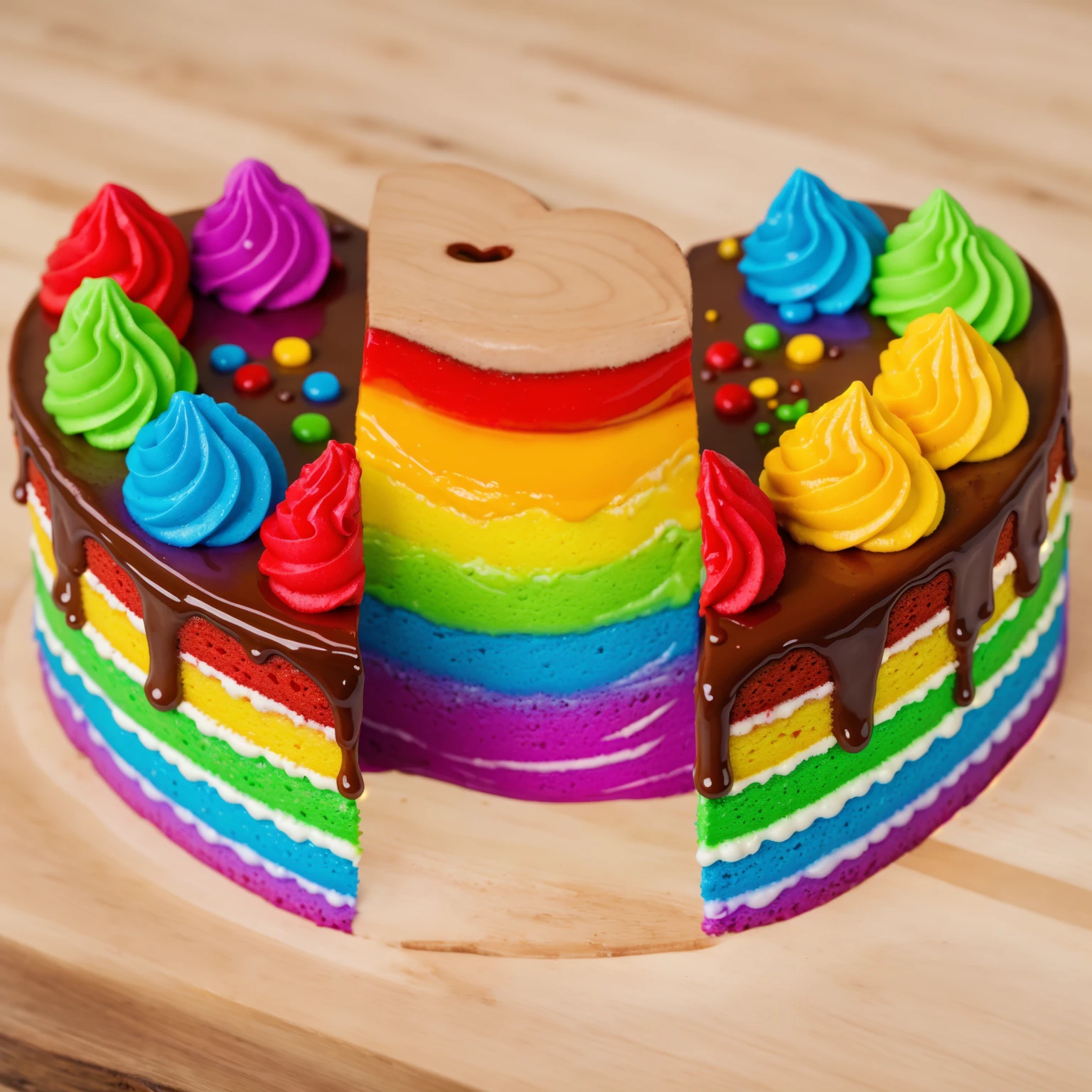 on a wooden table, heart shaped cake, cut in half. Rainbow liquid cream flows out of the cake. drips. радужные drips выливаются, realistic picture, Realistic style, realistic textures, bright lighting, beautiful light source, detailed textures, high quality, A high resolution, macro photography, ultra 4k hd.
