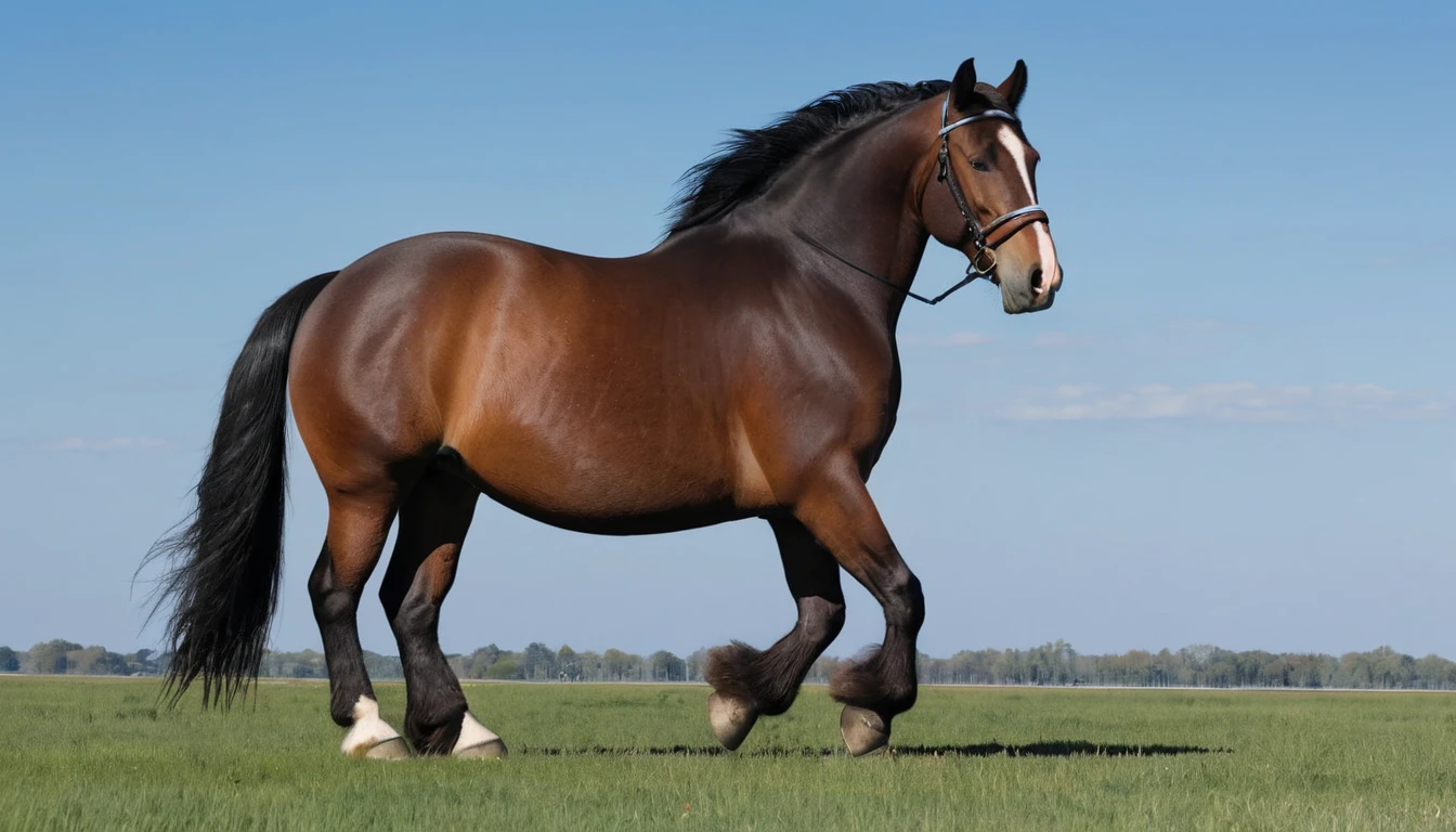 big fat Belgian draft horse  mare (side view). massive bum. very short tail. horse facing horizon . (riding horse, very full figured, very dark skinned, BBW, nude African woman) flat grass meadow. steaming horse dung behind horse.   cloudless blue sky.  