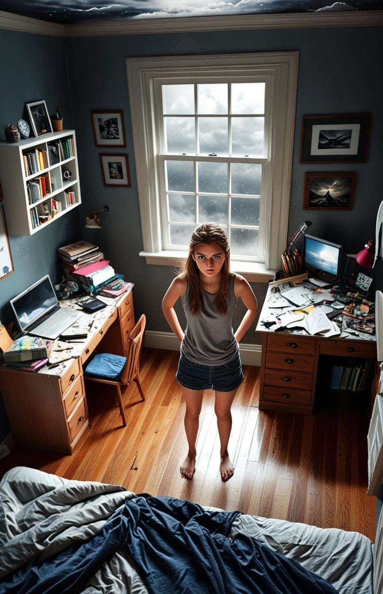 angry 18yo sister, bedroom, desk, messy room, realistic, looking at viewer, window, angry, arms behind back, from above, stormy sky, dim light at cozy bedroom,, (masterpiece, best quality, very aesthetic, ultra detailed), intricate details,