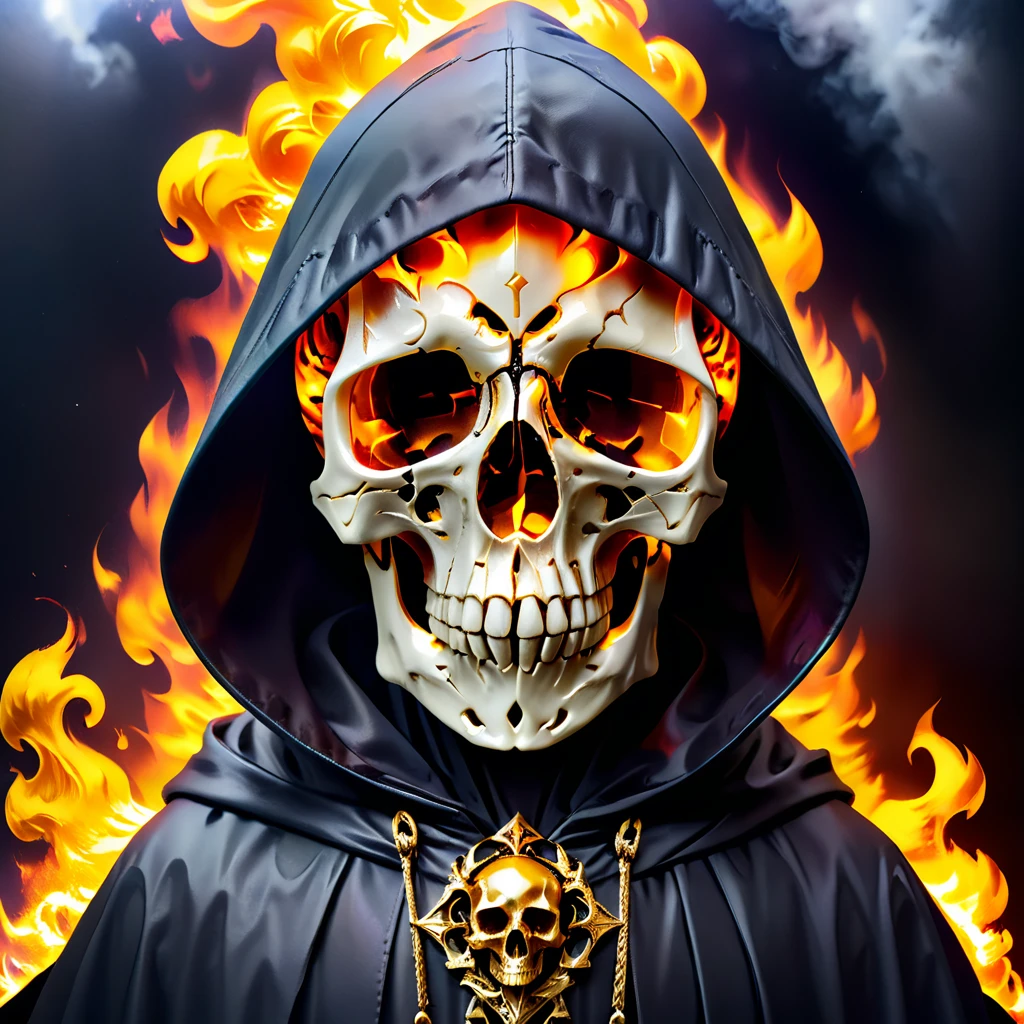 epoxy_skull, A skullish head and a beak" in a hooded cloak made of golden fire; trending on artstation; 90mm!! view from front side; high detail!! anatomically correct!!; 8k! photograph by greg rutkowski; background = dark-uctive cyber