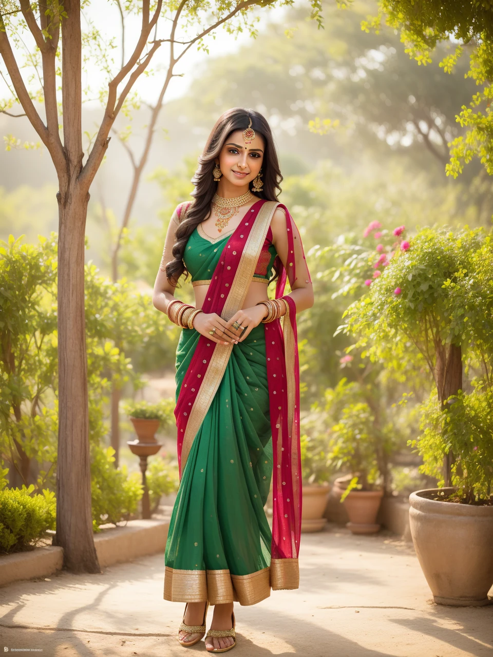 (Realistic:1.5), beautiful Indian women, vibrant colors, intricate traditional attire, henna adornments, long wavy dark hair, striking almond-shaped eyes, glowing olive skin, delicate features, radiant smiles, RAW photographs, top-quality, masterpiece:1.3, serene garden setting, professional lighting, full-body shots, angle from the front, soft natural light, traditional Indian jewelry, captivating expressions, making eye contact with the camera.