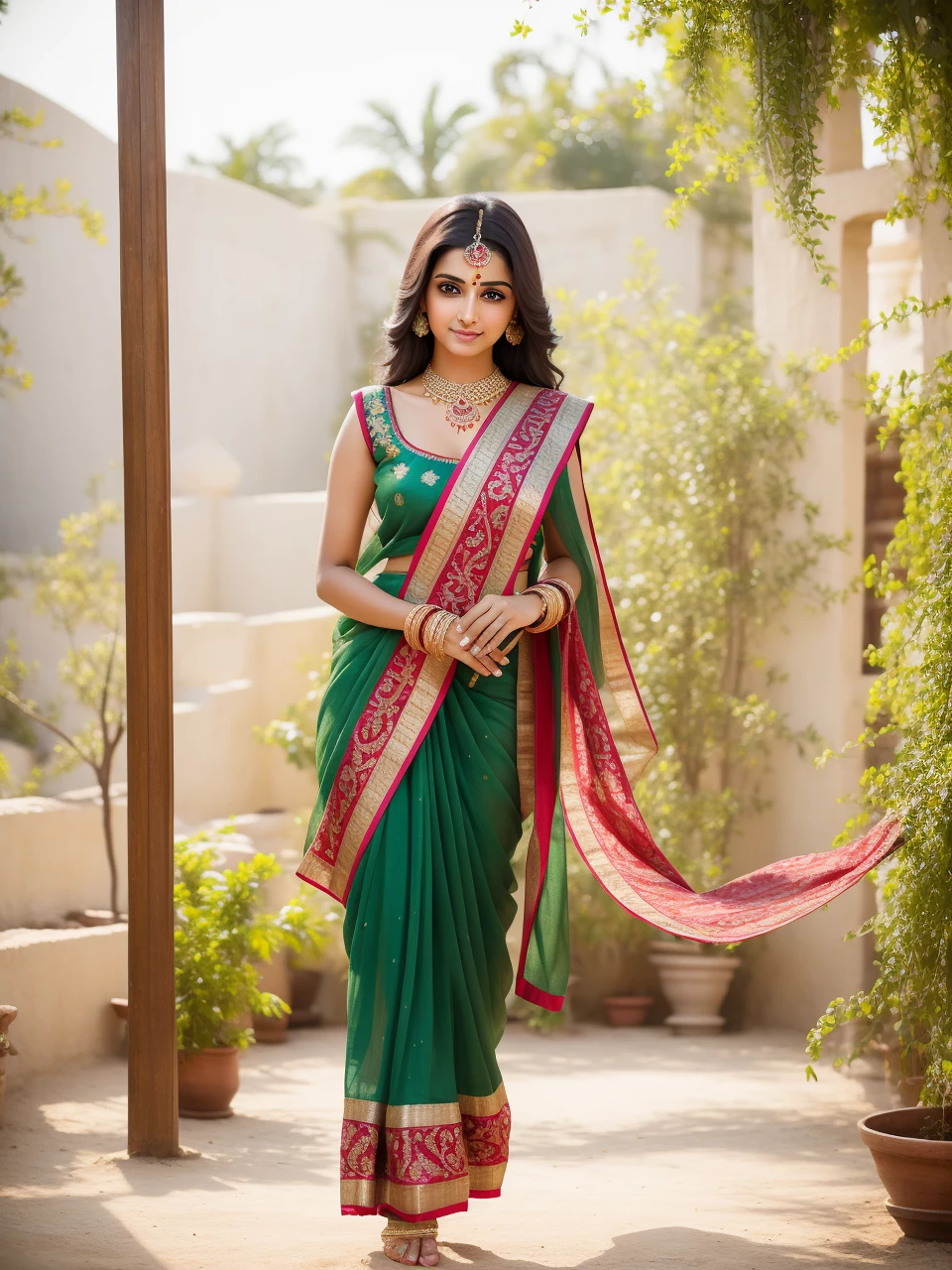 (Realistic:1.5), beautiful Indian women, vibrant colors, intricate traditional attire, henna adornments, long wavy dark hair, striking almond-shaped eyes, glowing olive skin, delicate features, radiant smiles, RAW photographs, top-quality, masterpiece:1.3, serene garden setting, professional lighting, full-body shots, angle from the front, soft natural light, traditional Indian jewelry, captivating expressions, making eye contact with the camera.