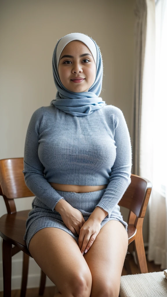 RAW, (Best quality, high resolution, work: 1.3), Beautiful Malay woman in hijab, plump body, naked, Big breasts, Beautiful big eyes, Soft smile, beautiful face, slightly open mouth, thick thighs, beautiful buttocks, , beautiful big eyes , gentle smile, beautiful girl, detailed face, Muslim woman sitting on a chair in a blue sweater and white skirt, nude, braless, wearing a long flowy fabric, casual pose, wearing casual clothes, very long pleated skirt, wearing casual clothing, white hijab , with a beautiful look Beautiful, perfect lighting, 8k