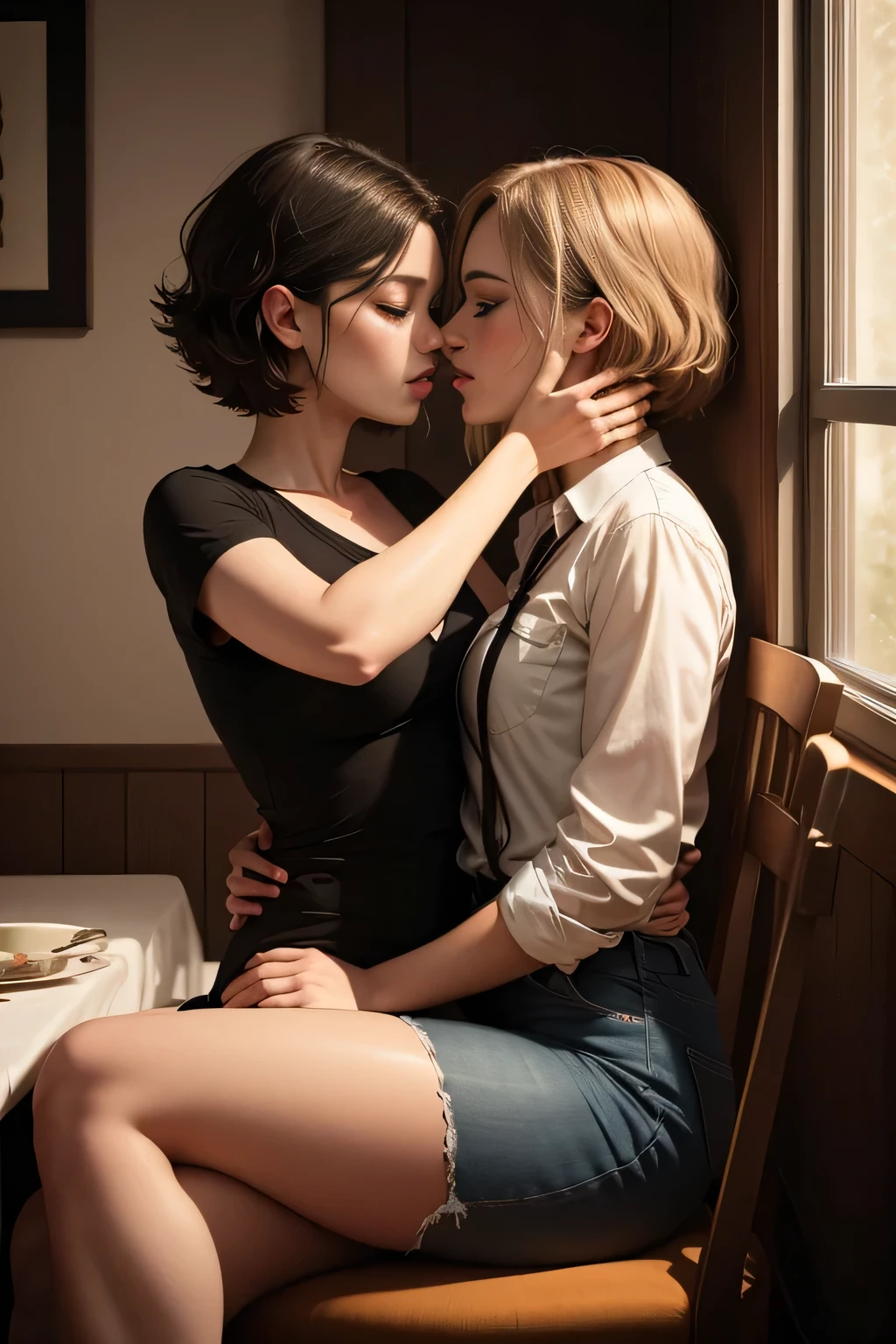 Amazing portrait of two lesbians aggressively making out passionately with their lips touching as they're hugging each other tight and  and erotically with one sitting on the lap of the other who's sitting in a chair next to a window as it's raining outside during night time in a dark room with one lamp giving off warm lighting