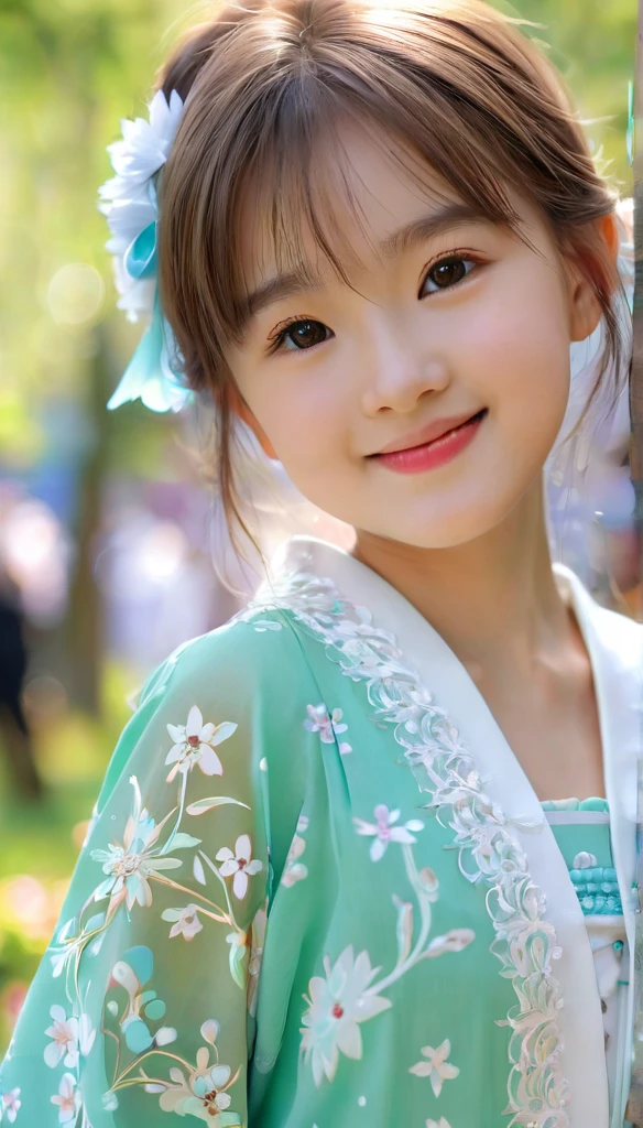 close-up of pretty Japanese_Russian girl,((flat chests:1.35)), wear pretty clothes,outdoor, bokeh background, UHD, 32K, , astonishingly pretty,absolutely cute,cute smile,very adorable, absolutely stunning,