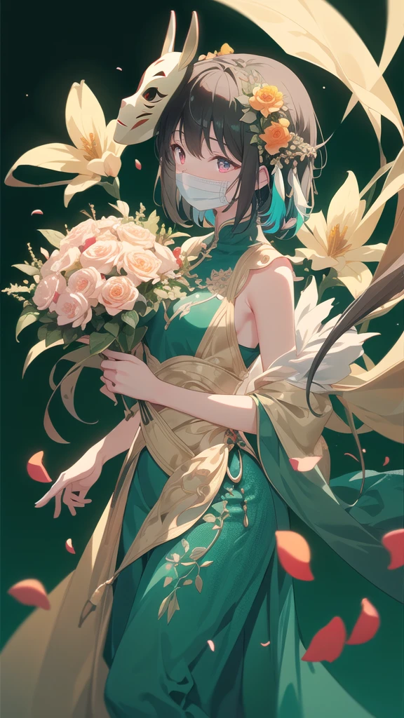{{{{masterpiece}}}}, {{{Ultra Detailed}}}, {{{high resolution}}}, {{Good anatomy}}, (((best quality))), ((Extremely delicate and beautiful)), {{Extremely detailed and refined}}, {8k cg wallpaper}, {{illustration}}, (Dark green background:1.2), Ray Tracing, Bokeh, (glow:1.2), (Light Particles:1.2), (Flowers:1.2), (petal:1.2), (petal反射:1.2), (Chromatic Aberration:1.2), 1 Girl, Solitary, Looking at the audience, (them_mask:1.2), (National style clothes:1.1), Emergency 1,