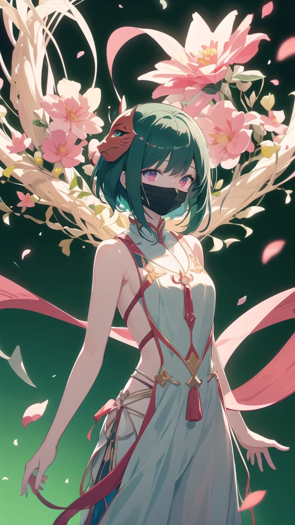 {{{{masterpiece}}}}, {{{Ultra Detailed}}}, {{{high resolution}}}, {{Good anatomy}}, (((best quality))), ((Extremely delicate and beautiful)), {{Extremely detailed and refined}}, {8k cg wallpaper}, {{illustration}}, (Dark green background:1.2), Ray Tracing, Bokeh, (glow:1.2), (Light Particles:1.2), (Flowers:1.2), (petal:1.2), (petal反射:1.2), (Chromatic Aberration:1.2), 1 Girl, Solitary, Looking at the audience, (them_mask:1.2), (National style clothes:1.1), Emergency 1,