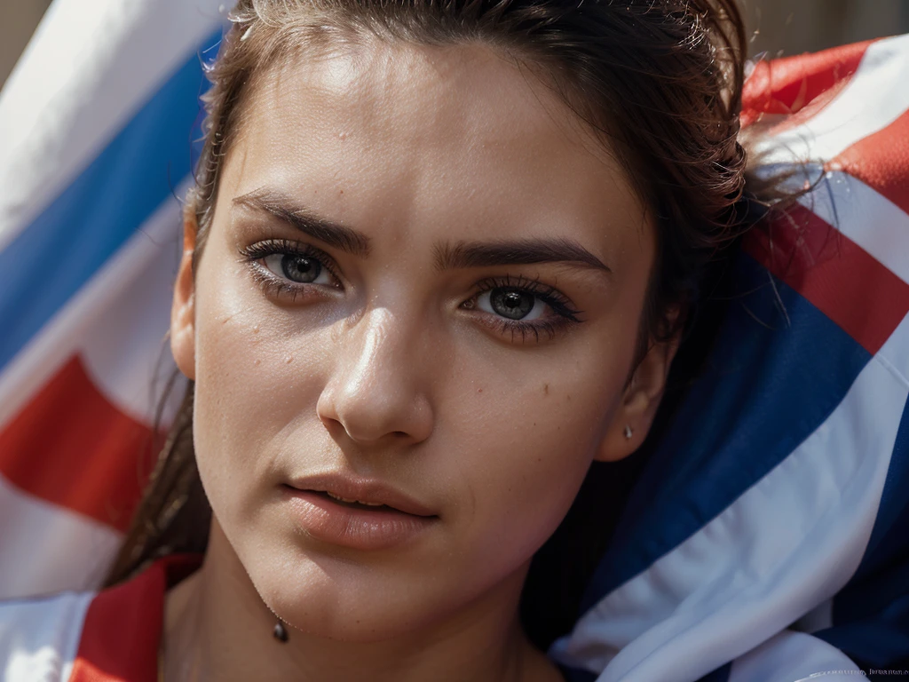 a beautiful supporter with france flag on his face, portrait, high quality, detailed face, intense expression, photorealistic, 8k, vivid colors, studio lighting, sharp focus, physically-based rendering, professional, extremely detailed skin and facial features, piercing eyes, striking pose, vibrant france flag, dynamic lighting, dramatic atmosphere