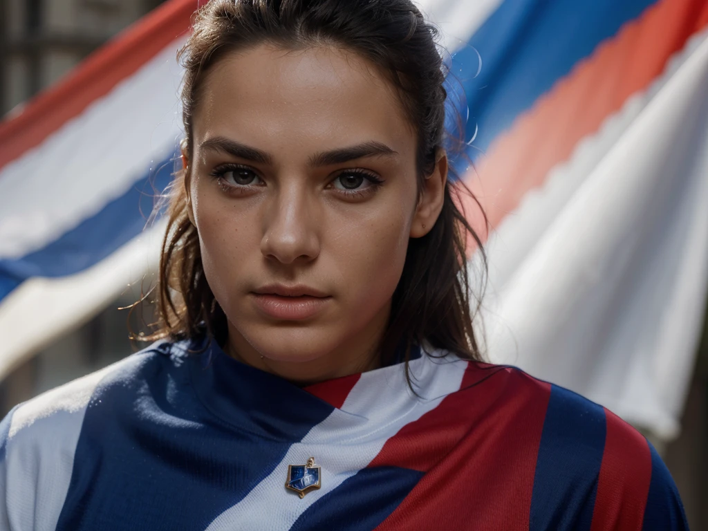 a beautiful supporter with france flag on his face, portrait, high quality, detailed face, intense expression, photorealistic, 8k, vivid colors, studio lighting, sharp focus, physically-based rendering, professional, extremely detailed skin and facial features, piercing eyes, striking pose, vibrant france flag, dynamic lighting, dramatic atmosphere