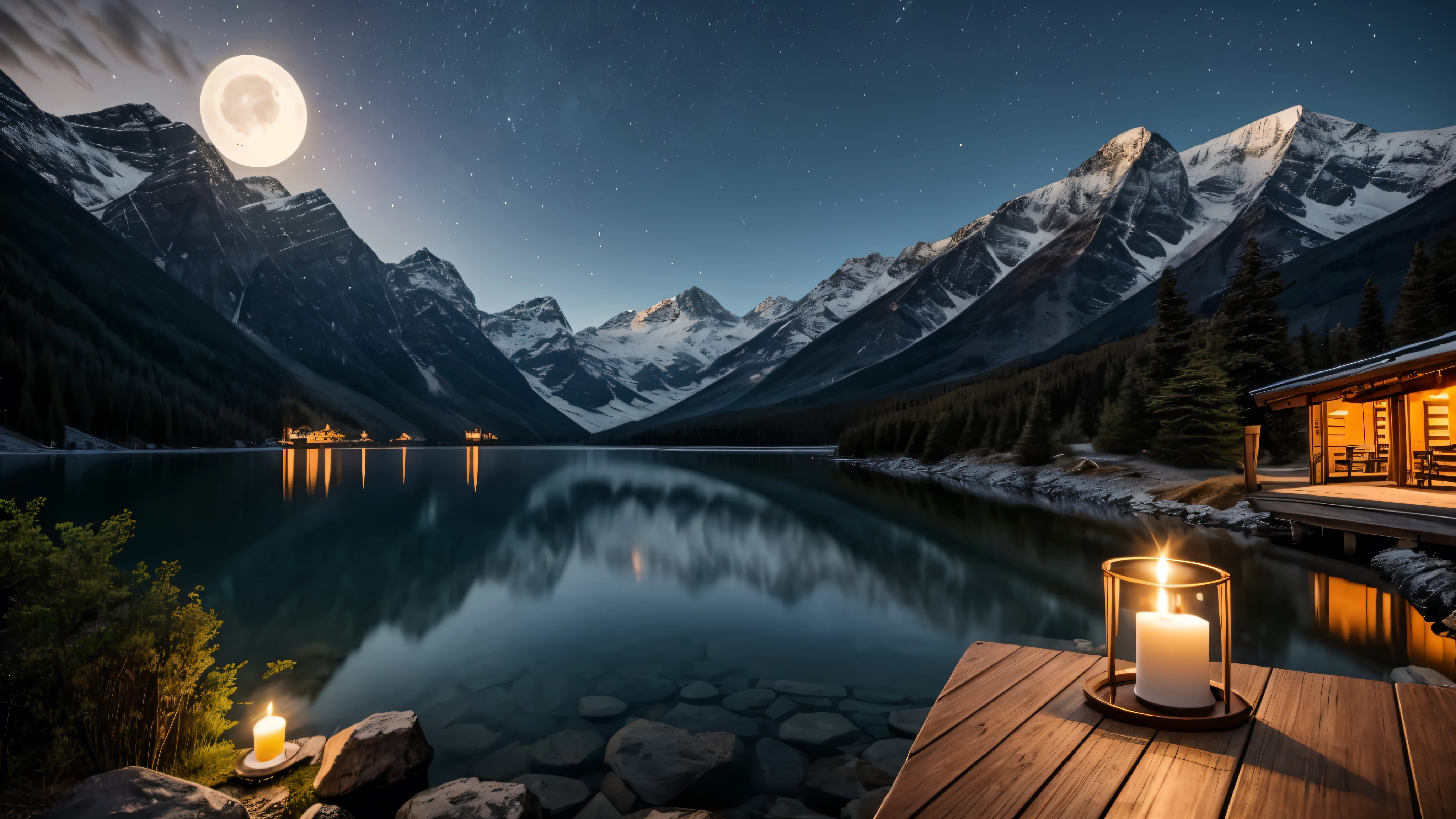 A distant mountain hut in the moonlight、Candle flame、lake、Balcony、river
