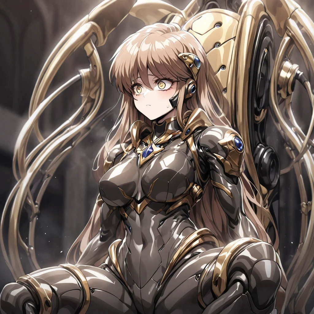 ((Highest quality)), ((masterpiece)), (detailed), (Perfect Face)、The woman is Princess Leona, with light brown, medium-long hair.々He was restrained by being made to wear a shiny body suit connected to various cords and machines, and made to sit in a mechanical chair-type brainwashing device that was bigger than his height.々They are connected to a device that has brainwashed and modified them.、The woman has been brainwashed and is expressionless, with rape eyes