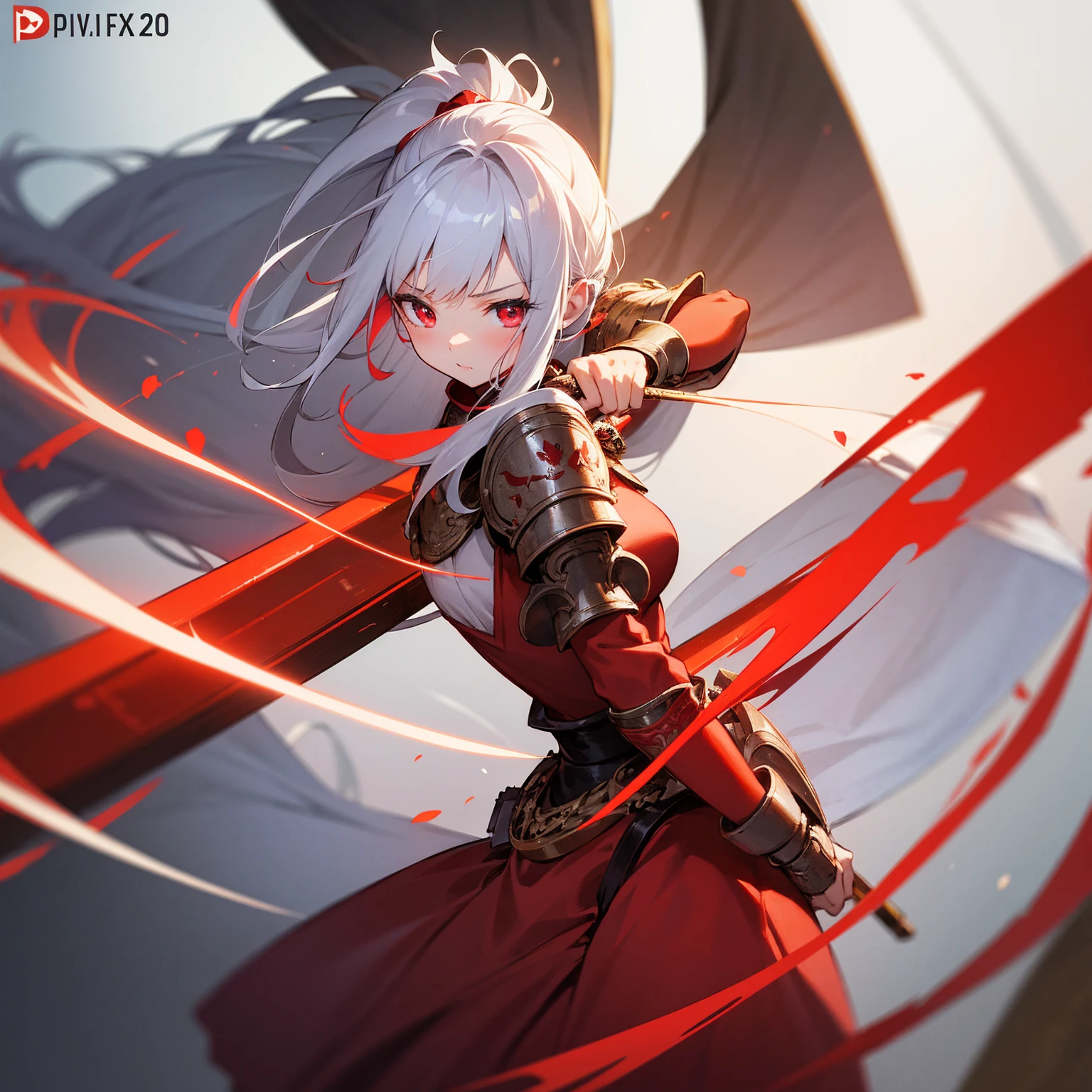 Wearing a red and white dress、anime girl holding sword, Highly detailed official artwork, Epic Light Novel Cover Art, epic Light novel cover art, Silver and red armor, guweiz on pixiv artstation, Anime style 4K, Detailed key animation art, Light novel cover art, Anime Fantasy Artwork,White hair and red eyes,Side Ponytail,Waist-length hair,1 Girl,Portraiture,Reading