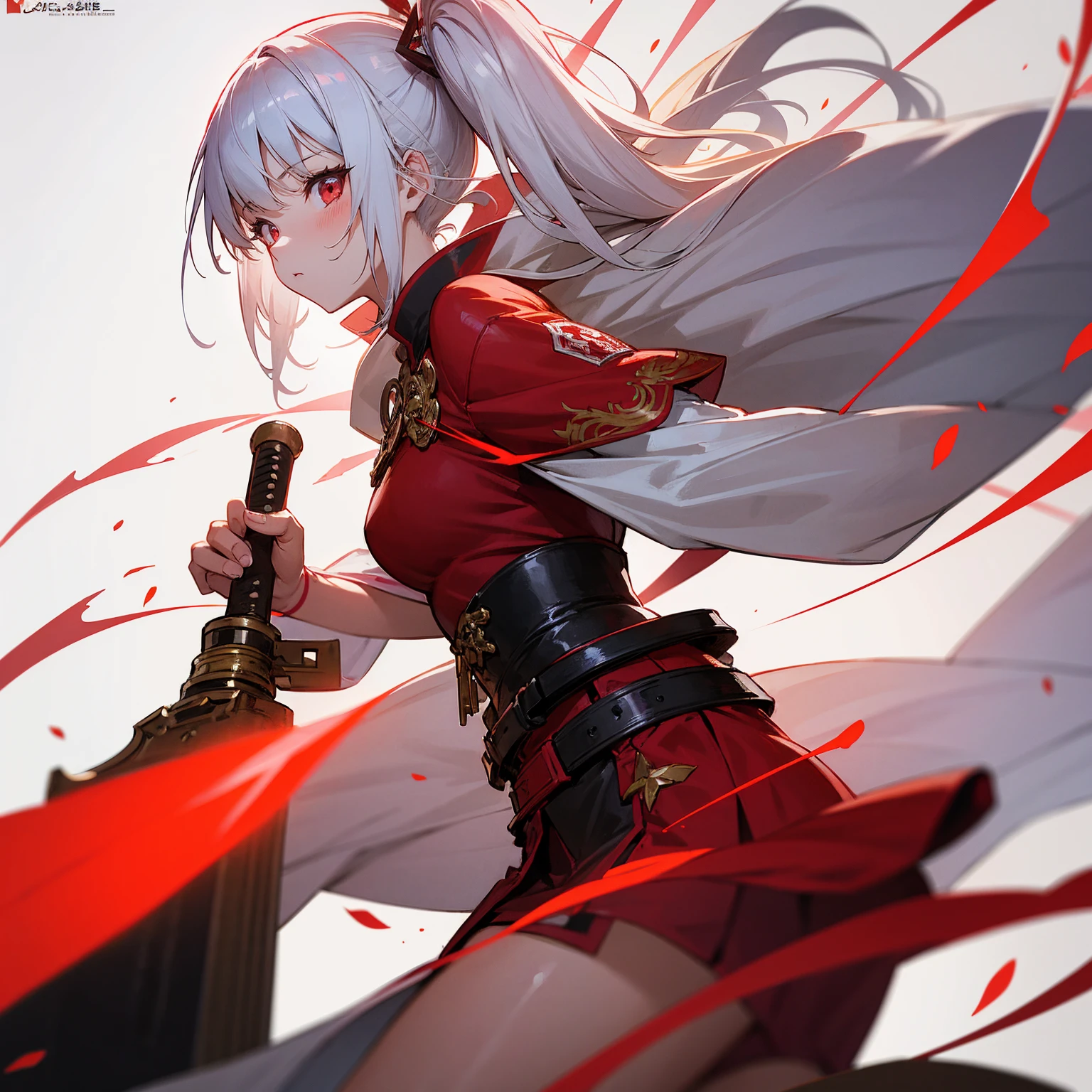 Wearing a red and white dress、anime girl holding sword, Highly detailed official artwork, Epic Light Novel Cover Art, epic Light novel cover art, Silver and red armor, guweiz on pixiv artstation, Anime style 4K, Detailed key animation art, Light novel cover art, Anime Fantasy Artwork,White hair and red eyes,Side Ponytail,Waist-length hair,1 Girl,Portraiture,Reading