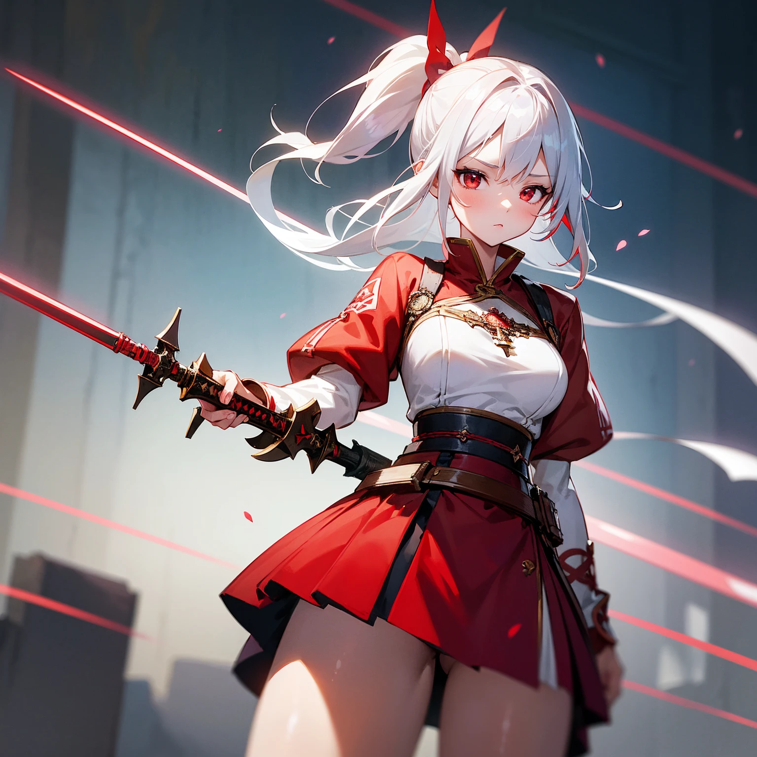 Wearing a red and white dress、anime girl holding sword, Highly detailed official artwork, Epic Light Novel Cover Art, epic Light novel cover art, Silver and red armor, guweiz on pixiv artstation, Anime style 4K, Detailed key animation art, Light novel cover art, Anime Fantasy Artwork,White hair and red eyes,Side Ponytail,Waist-length hair,1 Girl,Portraiture,Reading