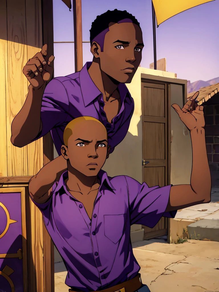 African Boy,arms(good shade(six pack)(breastplate)(asul shirt) (purple blouse)