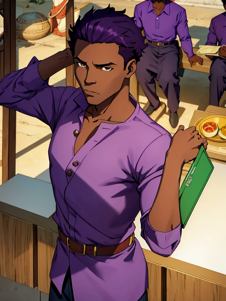 African Boy,arms(good shade(six pack)(breastplate)(asul shirt) (purple blouse)